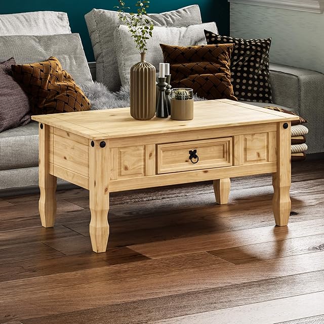 Amazon Brand - Movian Corona Coffee Table With Drawer, Made from Distressed Waxed Pine, Solid Wood
