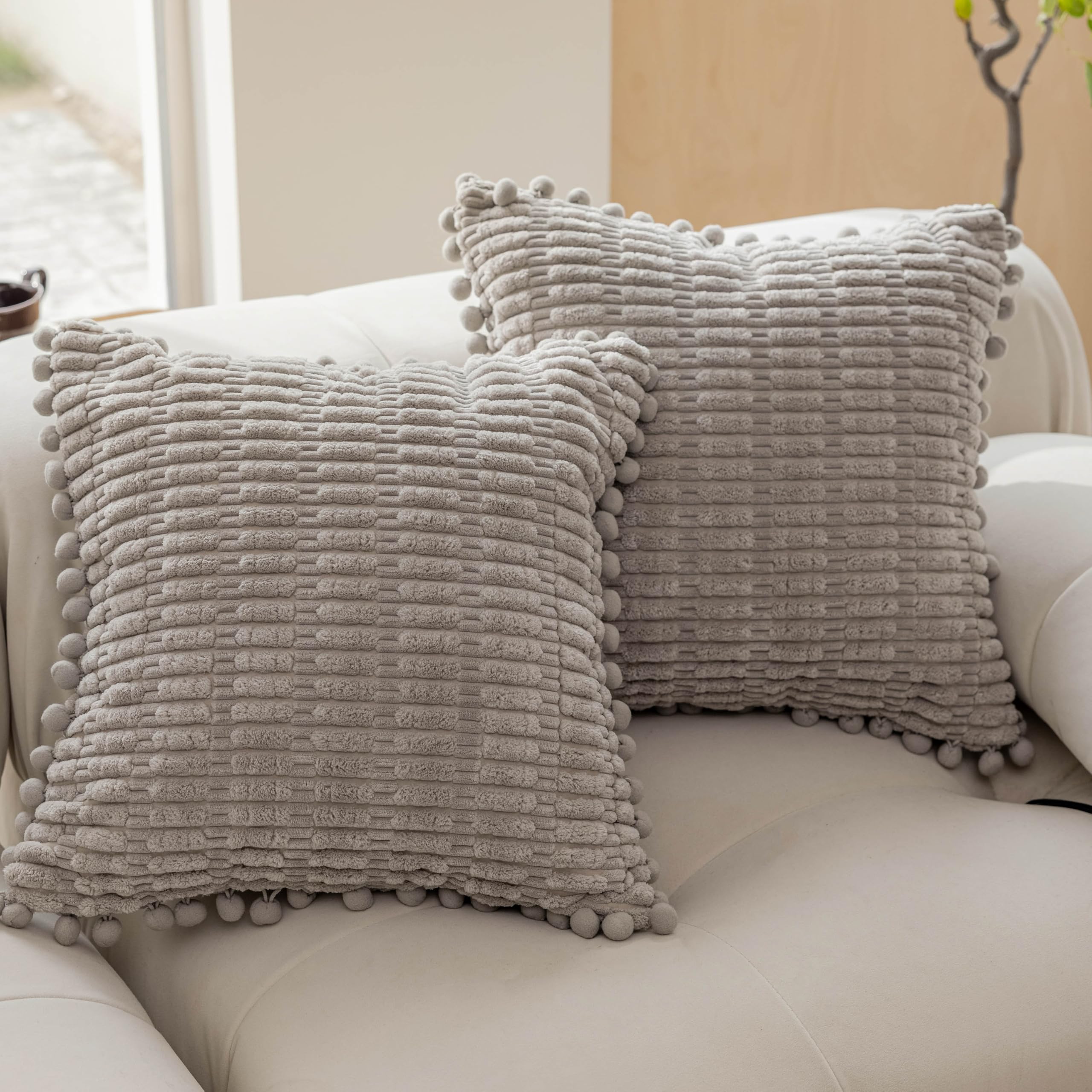 Home Brilliant Cushion Covers 18x18 Grey, Striped Soft Corduroy Cushions 45x45 Set of 2