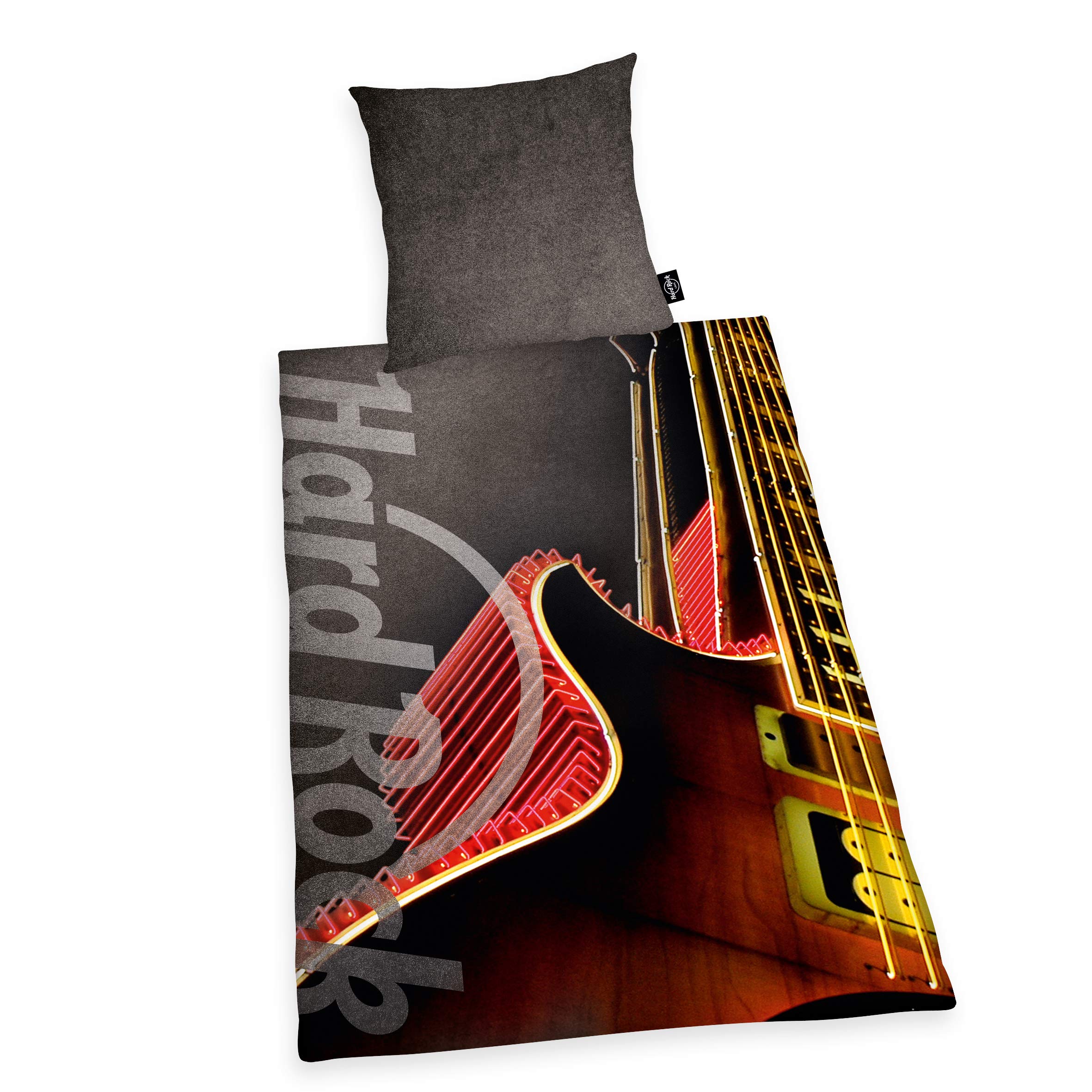 Herding HARD ROCK Bettwäsche-Set, Wendemotiv, Original Hard Rock Café Lizenz, Bettbezug 135 X 200 cm, Kopfkissenbezug 80 x 80 cm, Baumwolle/Renforcé, Grau