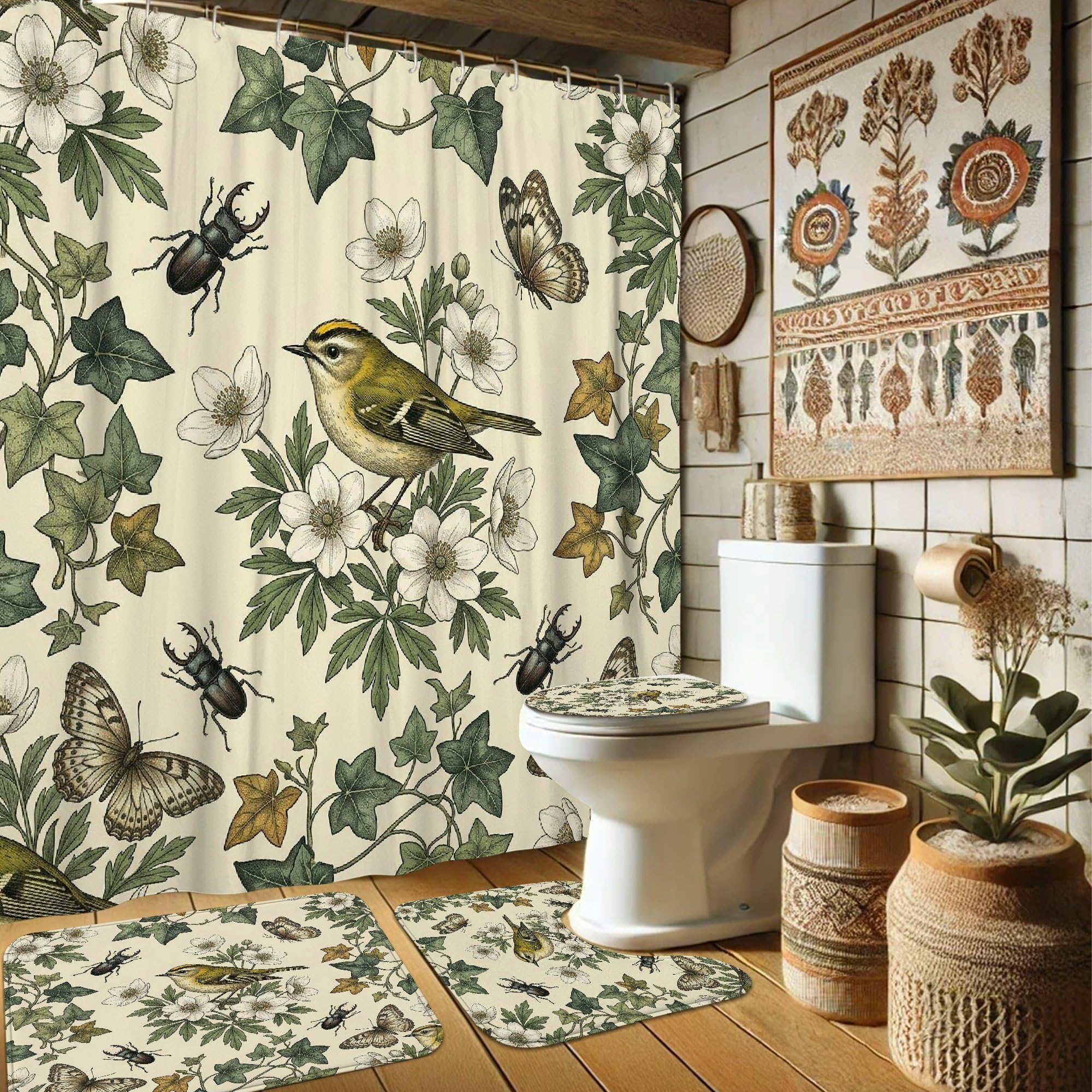 Rideau de douche oiseau et tapis de bain lavable motif nature vintage 183 cm