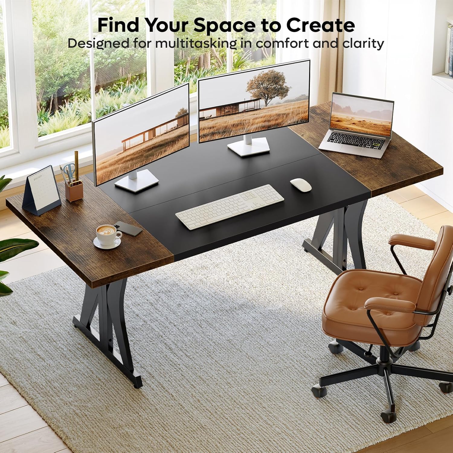 Bestier 70 Inch Large Executive Desk, Modern Simple Computer Office Desk with Thickened Desktop, Wood Metal Conference Room Table for Home Office, Business & Writing, Rustic Brown