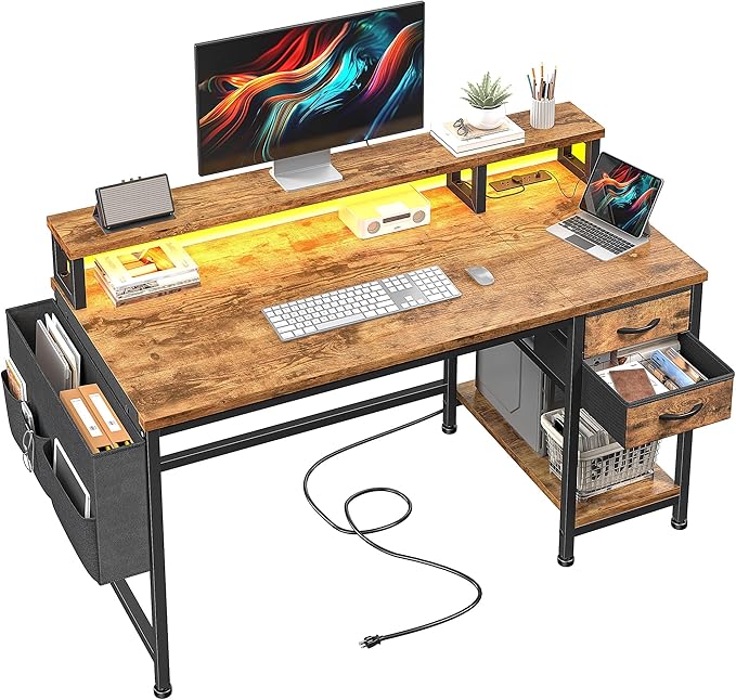 40'' Computer Desk with LED Strip, Gaming Desk with Drawers