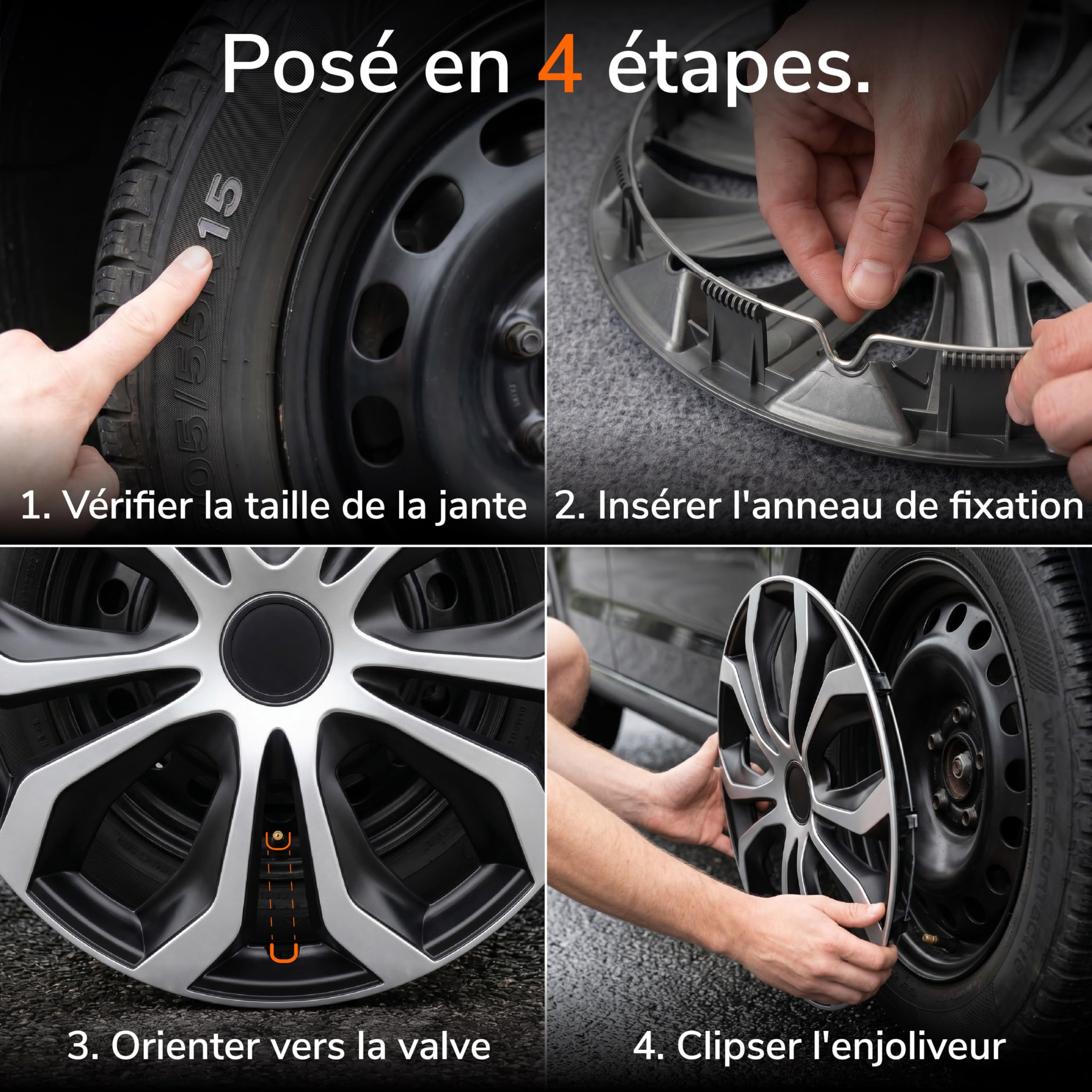 Upgrade4cars Enjoliveurs 16 Pouces Noir Argent Lot de 4 Accessoires Auto