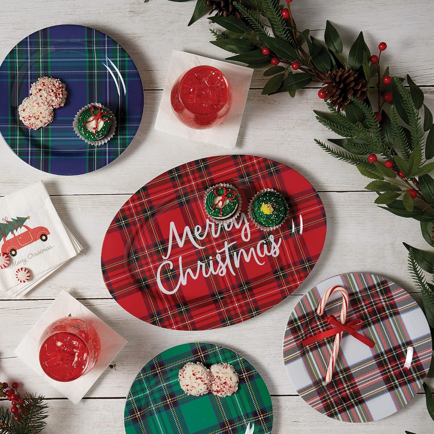 C.R. Gibson Red Plaid Reusable Melamine Plate Christmas Platter for Cookies, Dinners, and Parties, 14" x 10"