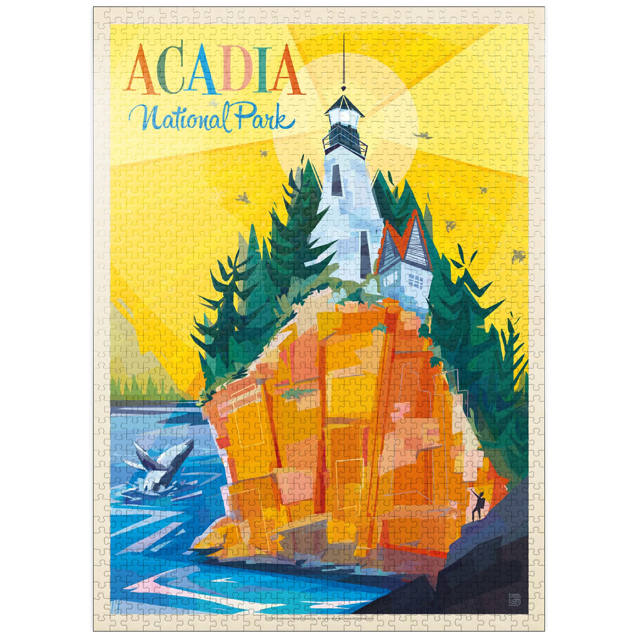 MyPuzzle Acadia National Park: Lighthouse (Mod Design), Vintage Poster - Premium 1000 Piece Jigsaw Puzzle for Adults