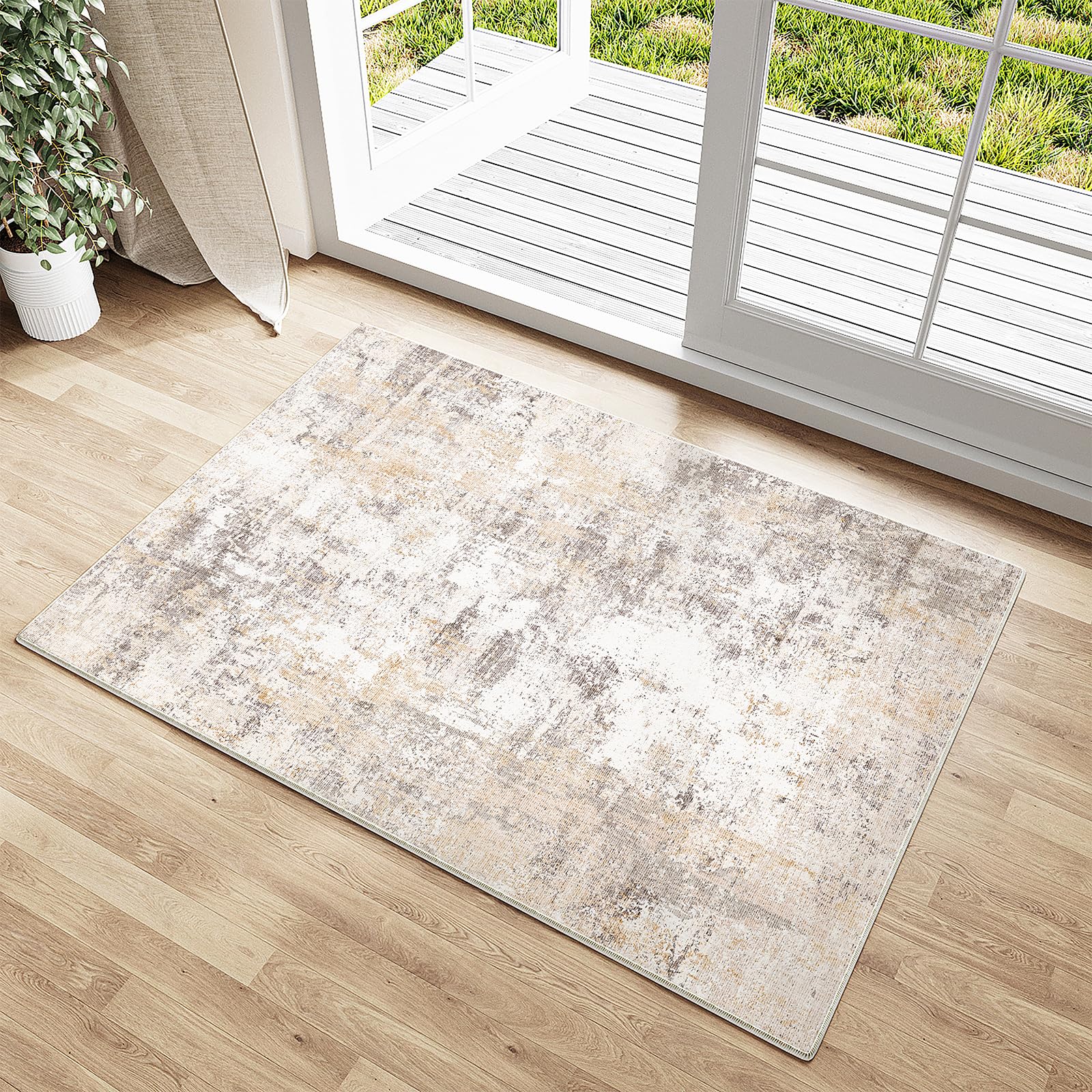 wondrg 2x3 washable area rug beige grey abstract entryway kitchen throw rug neutral modern non slip soft low pile small carpet for bathroom living room bedroom
