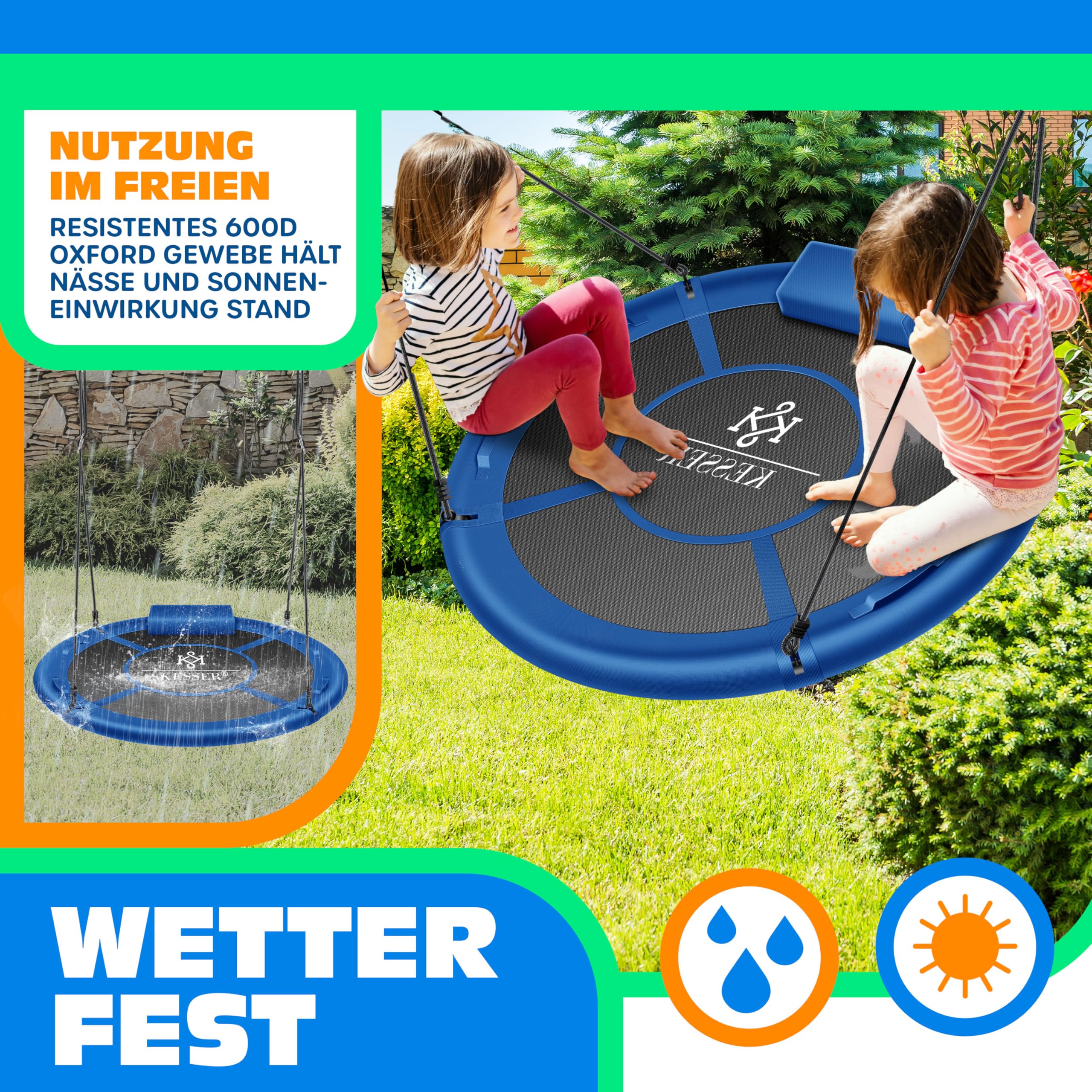 KESSER Nestschaukel Tellerschaukel Ø 120cm bis 300kg mit Kissen & 4 Griffen verstellbar Blau