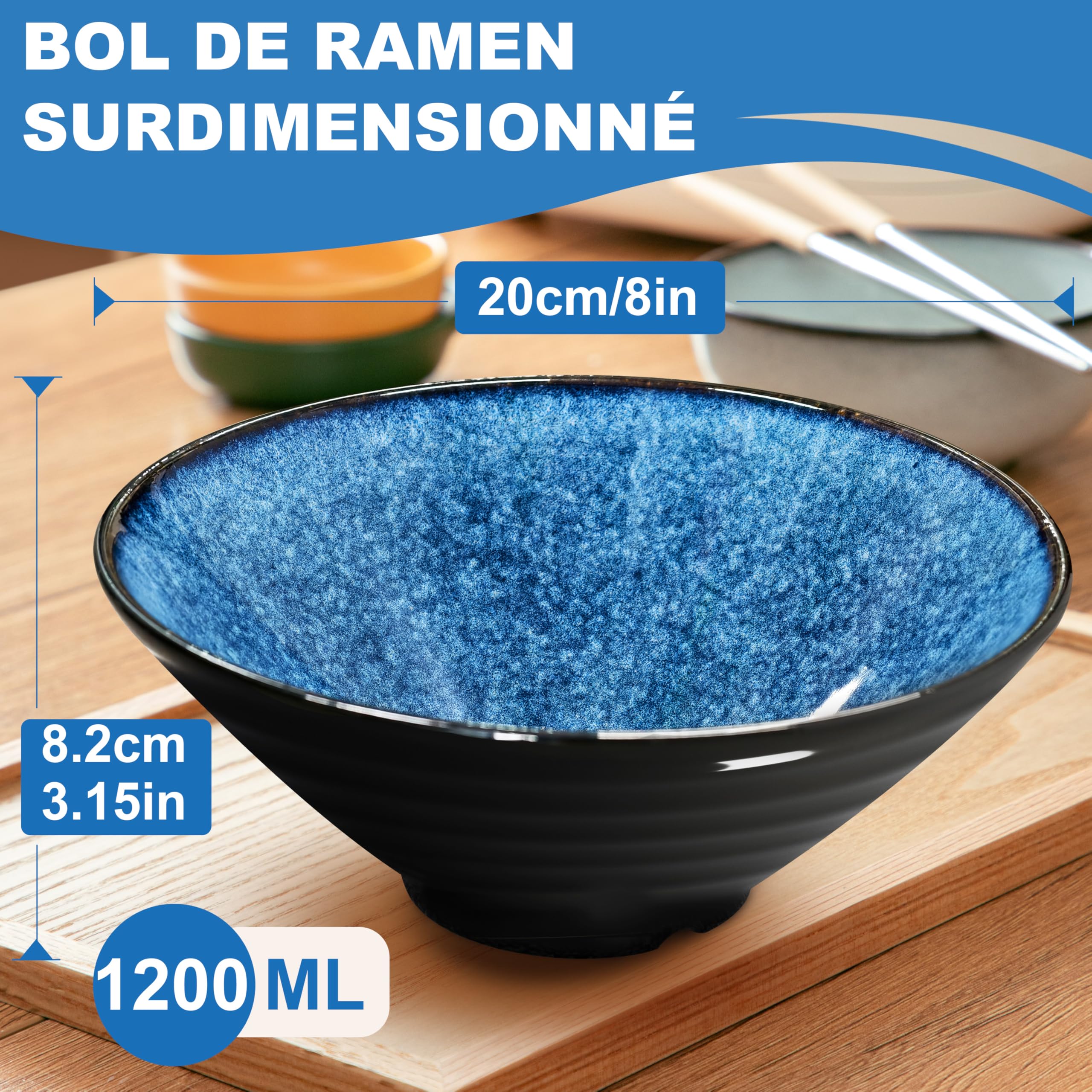 8 Pouces Ensemble De 2 Grands Bols Ramen En Céramique (8 Pièces), Vaisselle Japonaise Compatible Lave Vaisselle Avec Fourchette Baguettes Et Cuillère Bol à Soupe Salade Cadeaux Pour Hommes Femmes