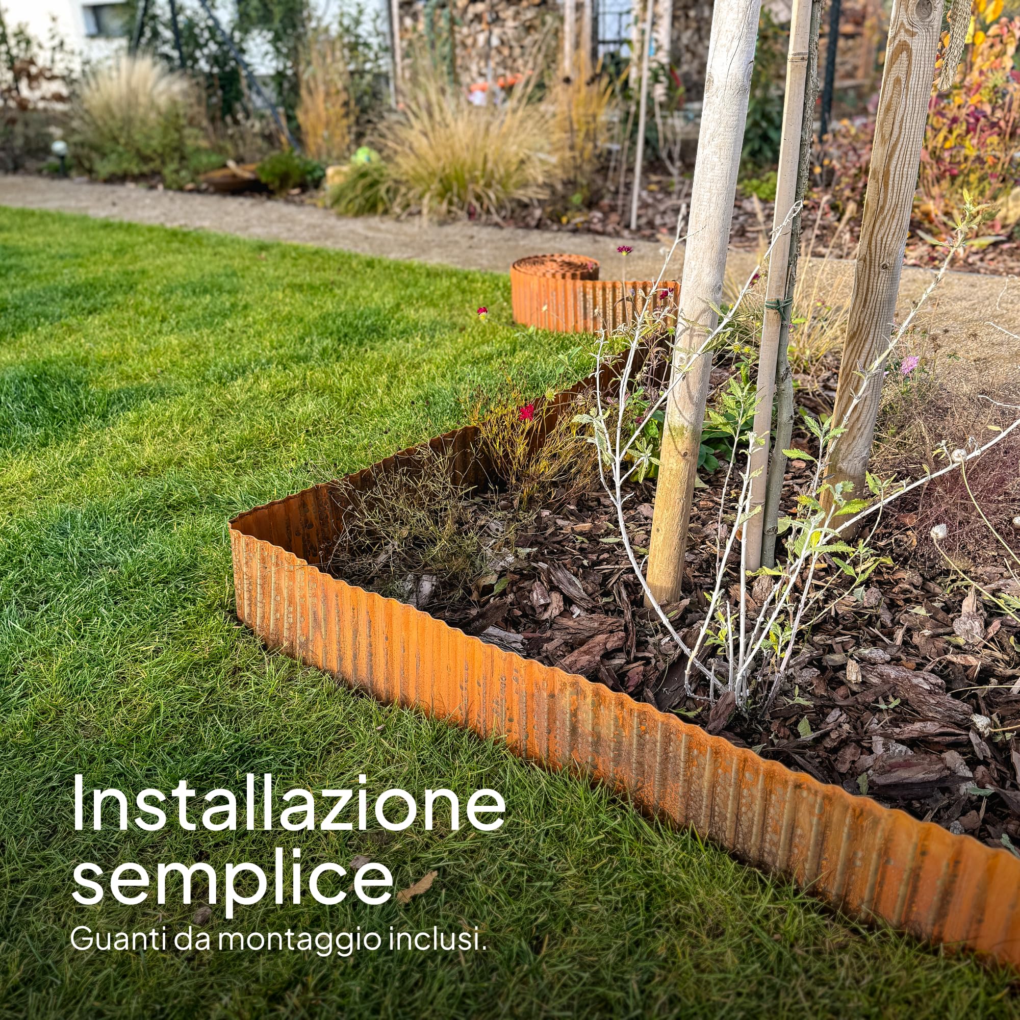 UNIGARDIA Bordura per Giardino in Acciaio Corten 6 m - Bordura per Aiuola in Metallo, Altezza 15 cm - Installazione Facile - Bordo per Prato in Ruggine, 1 Paio di Guanti Incluso