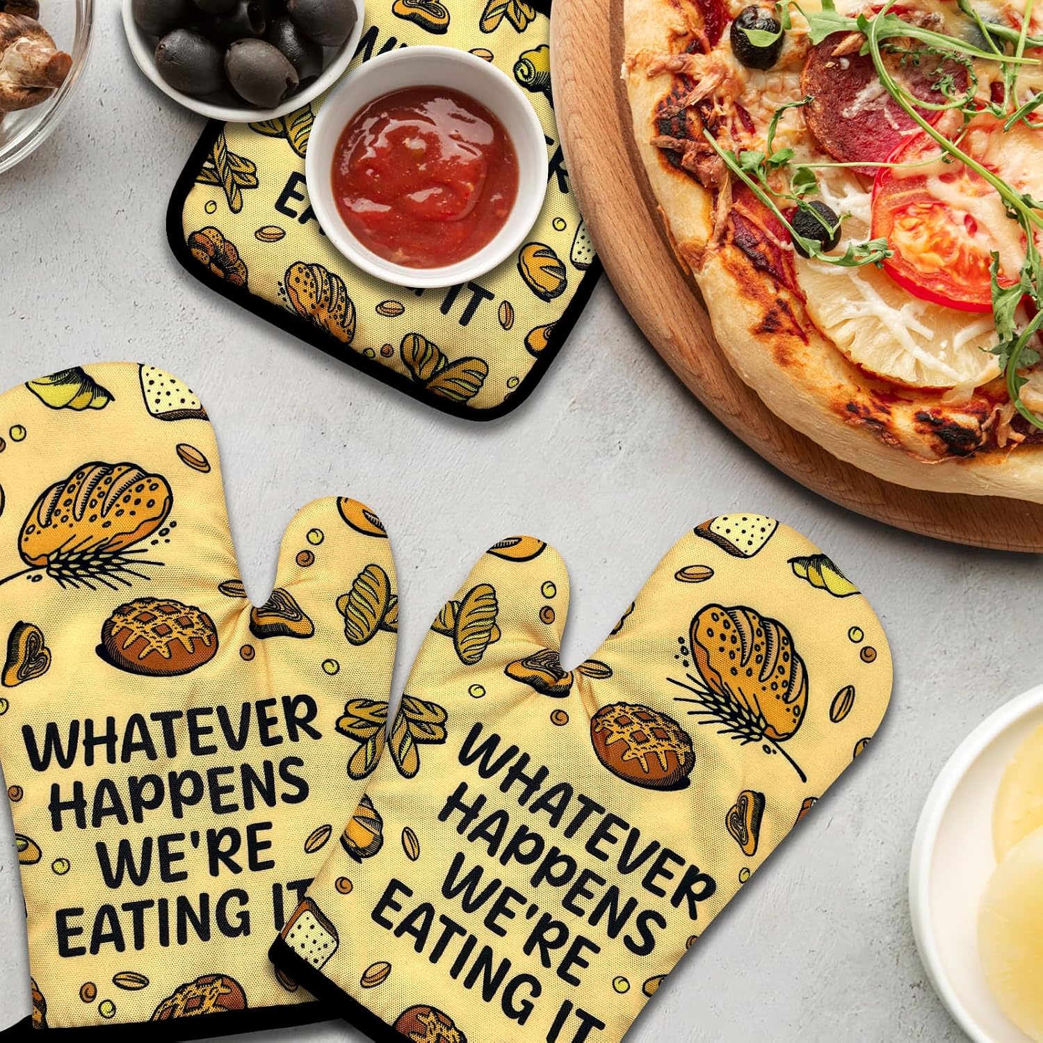 Funny Oven Mitts and Pot Holders Set of 3, Whatever Happens We're Eating It, Heat Resistant Non-Slip Kitchen Mitts Hot Pads, Humorous Baking Gifts, Birthday Gifts for Men Dad Husband Baker
