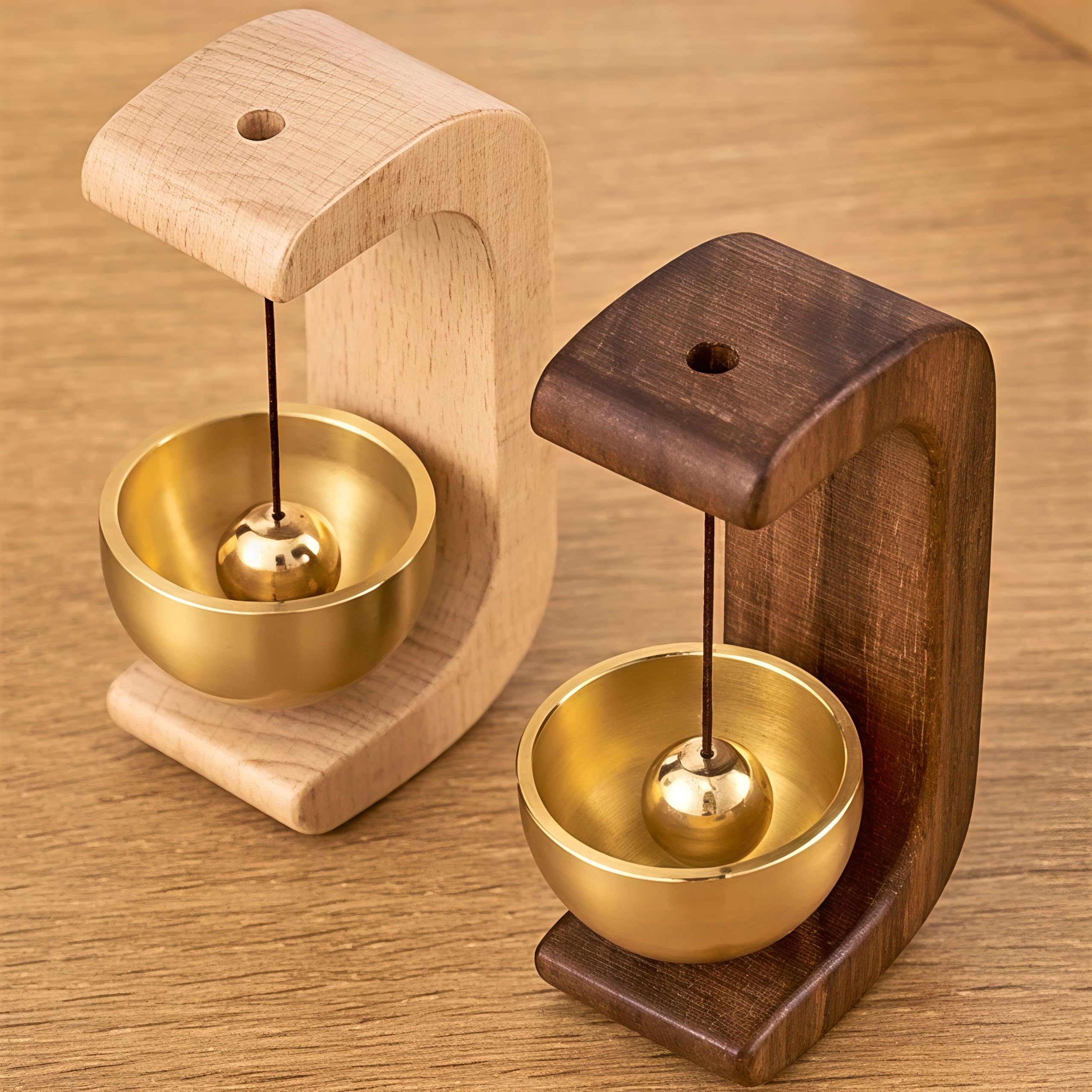 Wooden Door Bell with Gold Tone Metal Bowl, Wall Mounted Decorative Door Chime, Hanging Entrance Bell for Home, Office, Temple, Meditation and Decorative Display 4