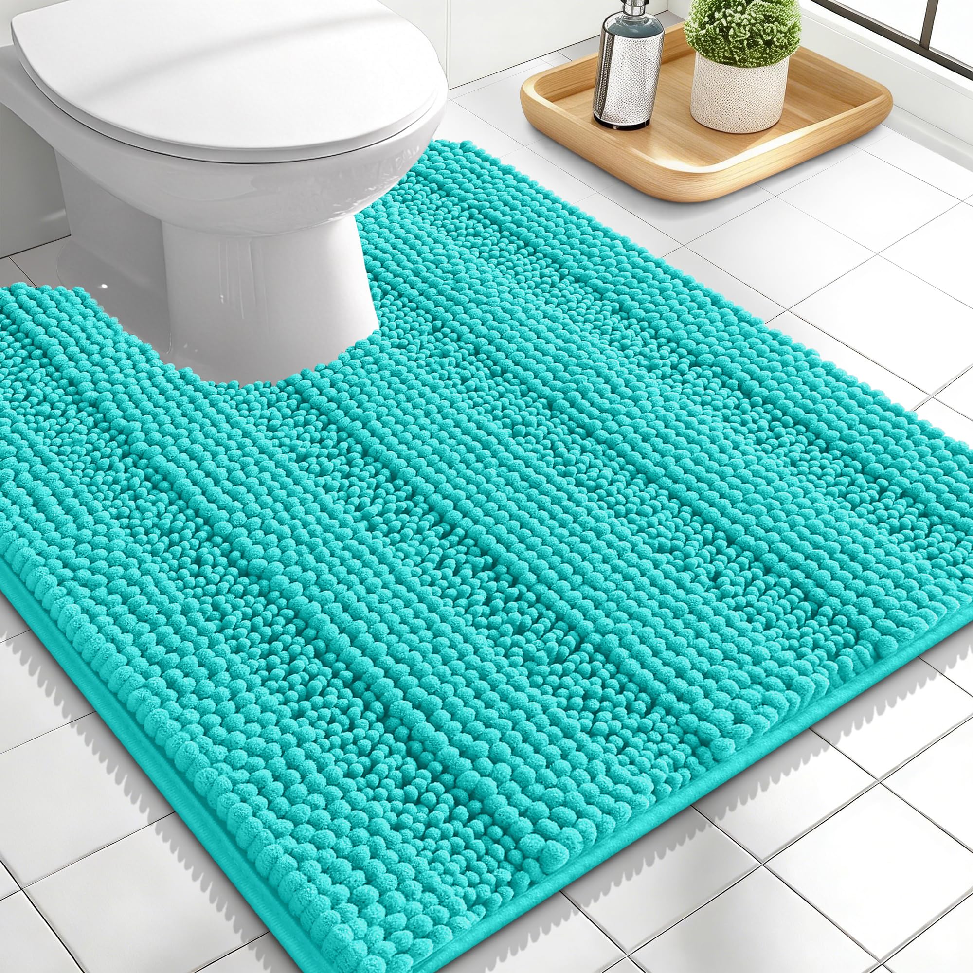 OLANLY Thick Toilet Rugs U-Shaped 24x20, Soft Chenille Bath Mat, Teal