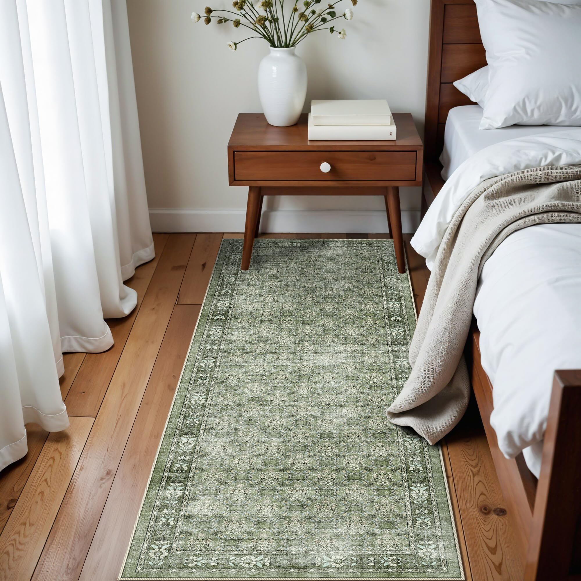 Washable 2x6 Runner Rug for Kitchen: Easy-Clean Carpet with Non-Slip Backing for Bedroom Entryway Stain-Resistant Shedding-Free Floor Mat – Perfect for High-Traffic Areas with Pets (Green,2x6)OEKO-TEX STANDARD 100