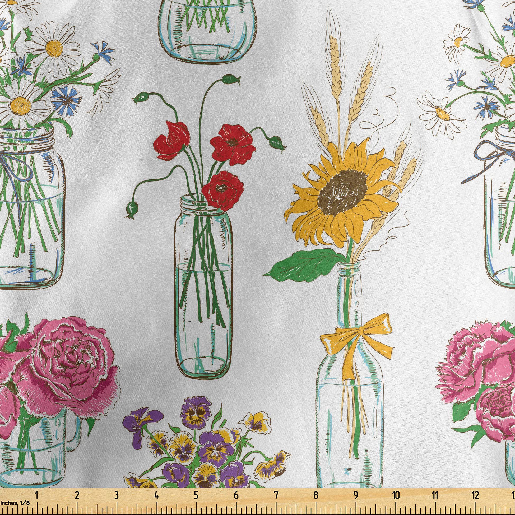 Lunarable Floral Fabric by The Yard, Colorful Sunflowers Daisies Chamomiles and Peonies in Mason Jars Gardening Theme, Decorative Satin Fabric for
