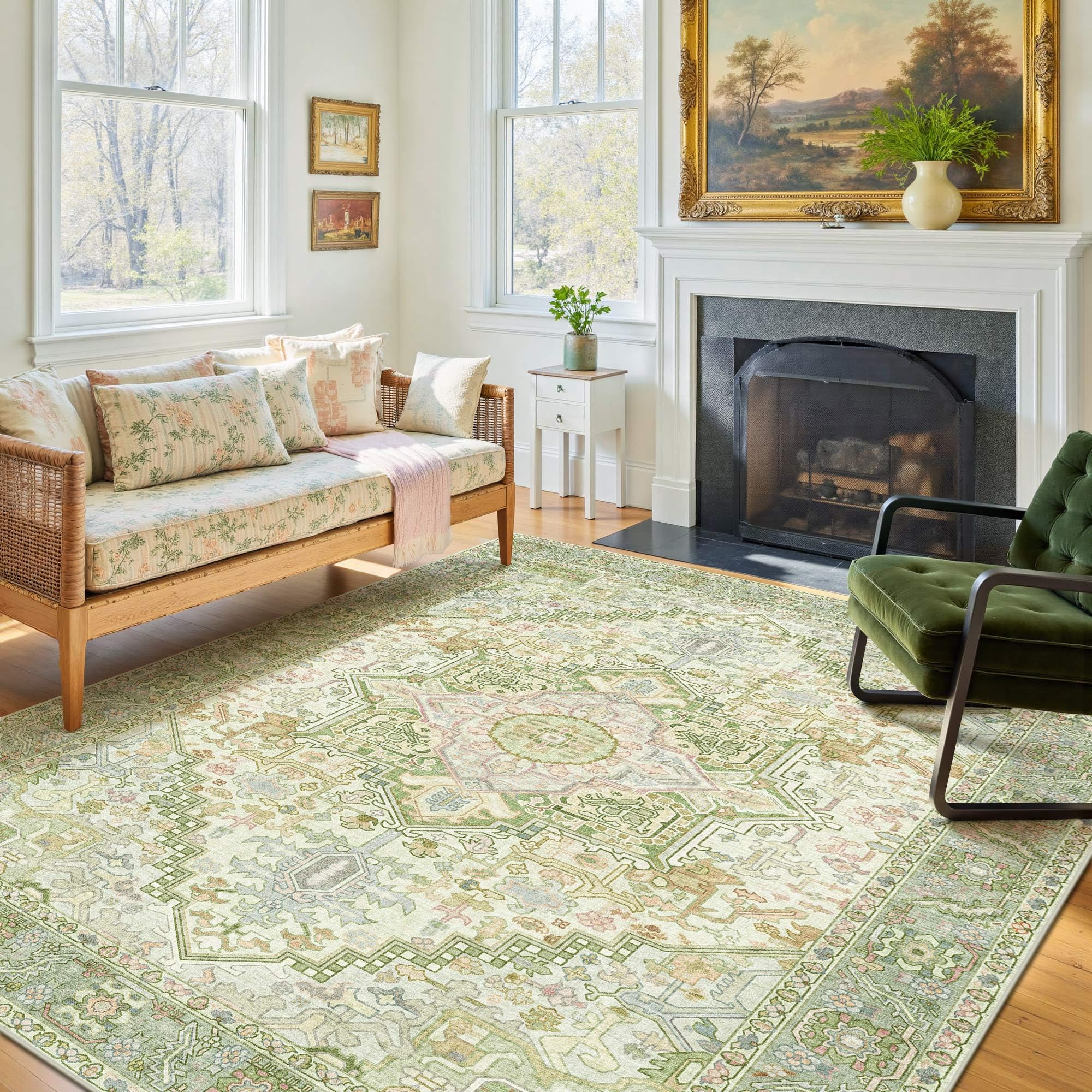 Kokia 6x9 Sage Light Green Vintage Boho Oriental Soft Washable Area Rug