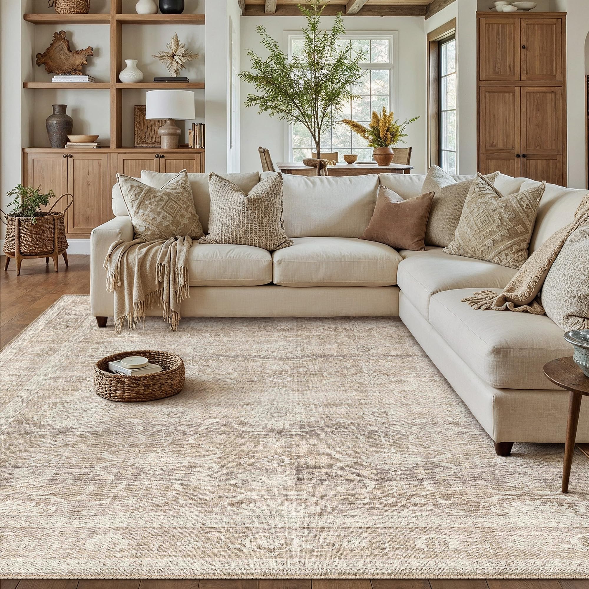 PureCozy Vintage Tappeto Salotto 200x300cm Grande Beige Antiscivolo Lavabile in Lavatrice Tappeti Camera da Letto Soggiorno Ufficio Moquette Interno Carpet Pelo Corto Rug