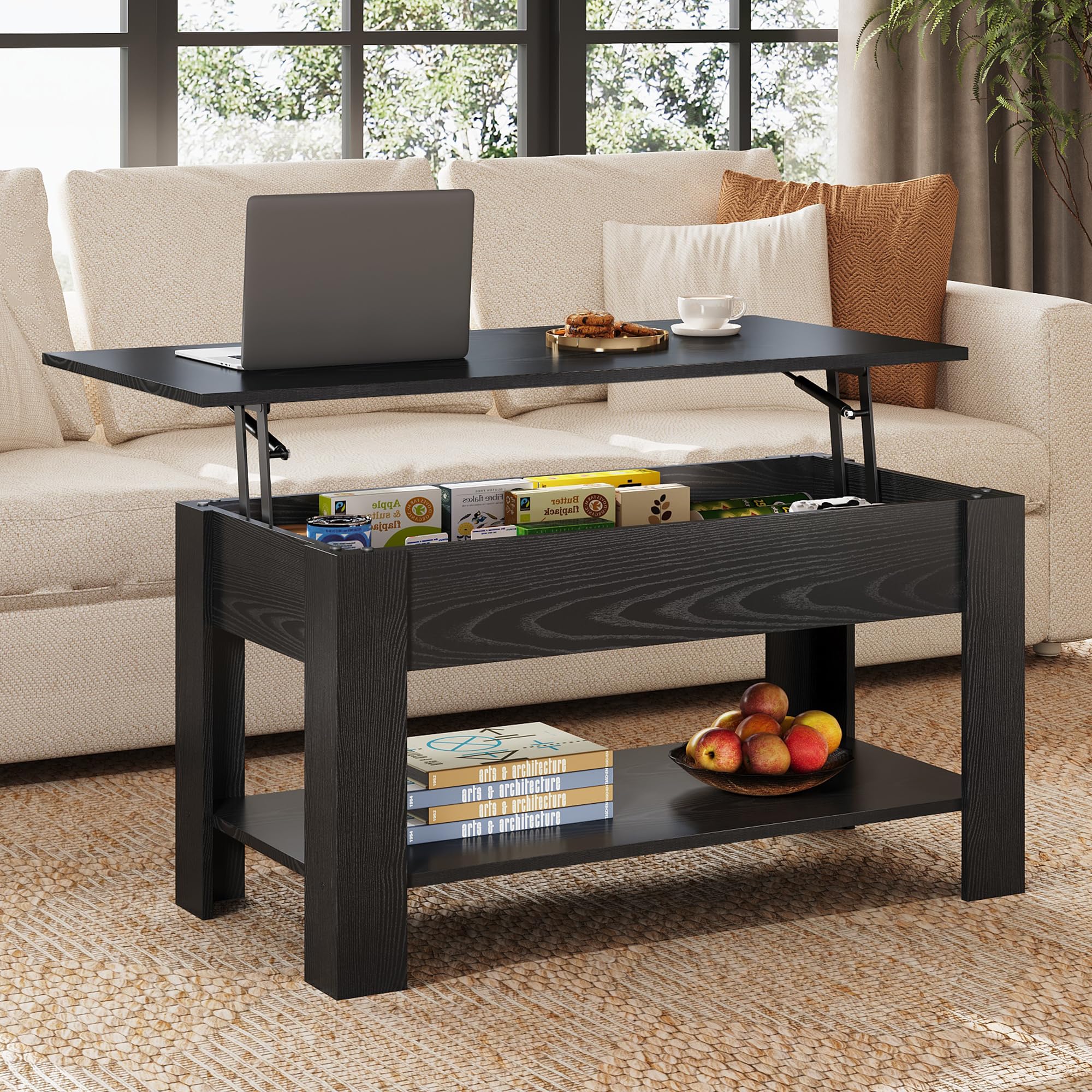 WLIVE Couchtisch mit Stauraum, Wohnzimmertisch Höhenverstellbar mit Verstecktem Staufach und Ablagefläche, Wohnzimmer Tisch für Couch,98 x 48cm Sofatisch, Schwarz