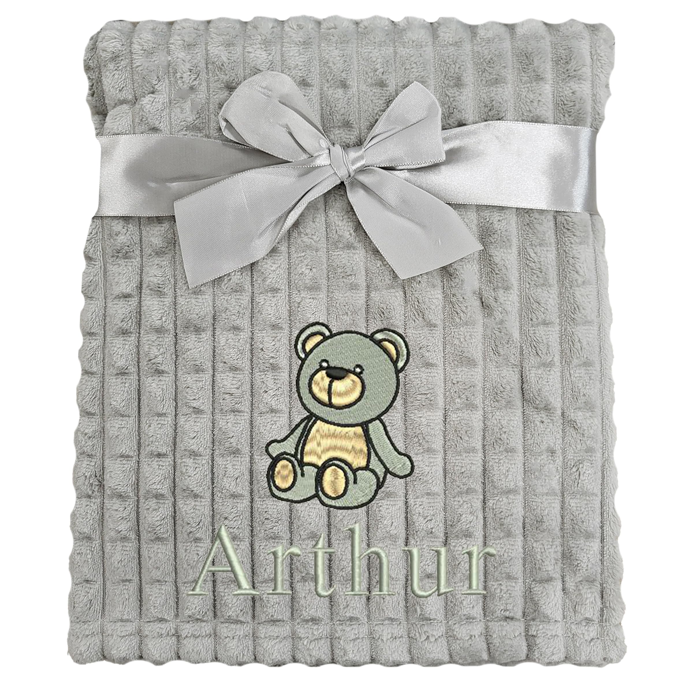 Personalised Baby Blanket Embroidered Bear & Name Soft Fleece Wrap (Grey Bear Grey Squares)