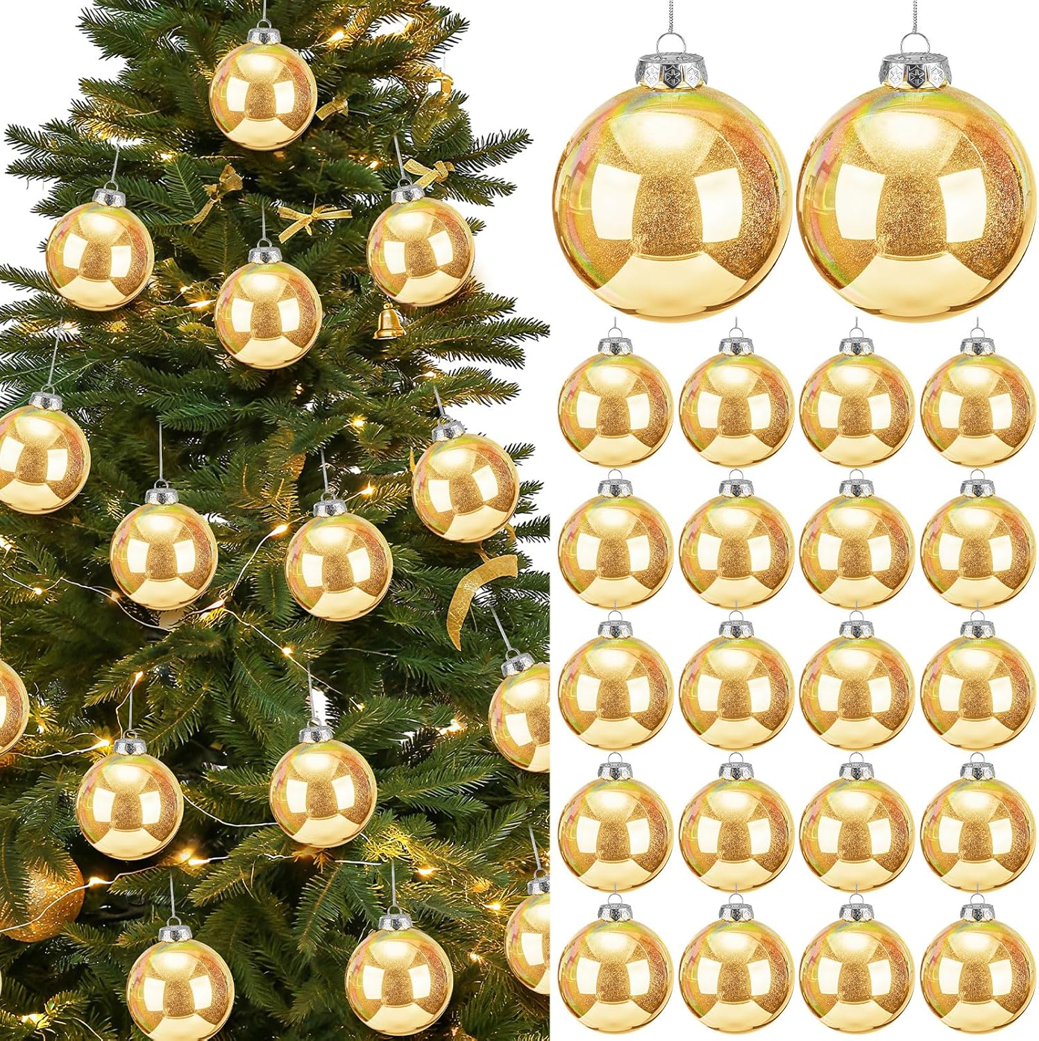 Wettarn 24 Pcs 4 Inch Glittering Christmas Balls Fantasy Plastic Shiny Christmas Iridescent Ornaments Balls for DIY Crafts Hanging with Lid and Rope for Xmas Tree Party Decor(Gold)