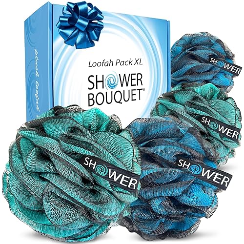 SHOWER BOUQUET Esponja de baño de carbón de luffa XL, paquete de 4 unidades, azul-verde // Extra grande 75g (2.65 oz) de malla suave color y negro
