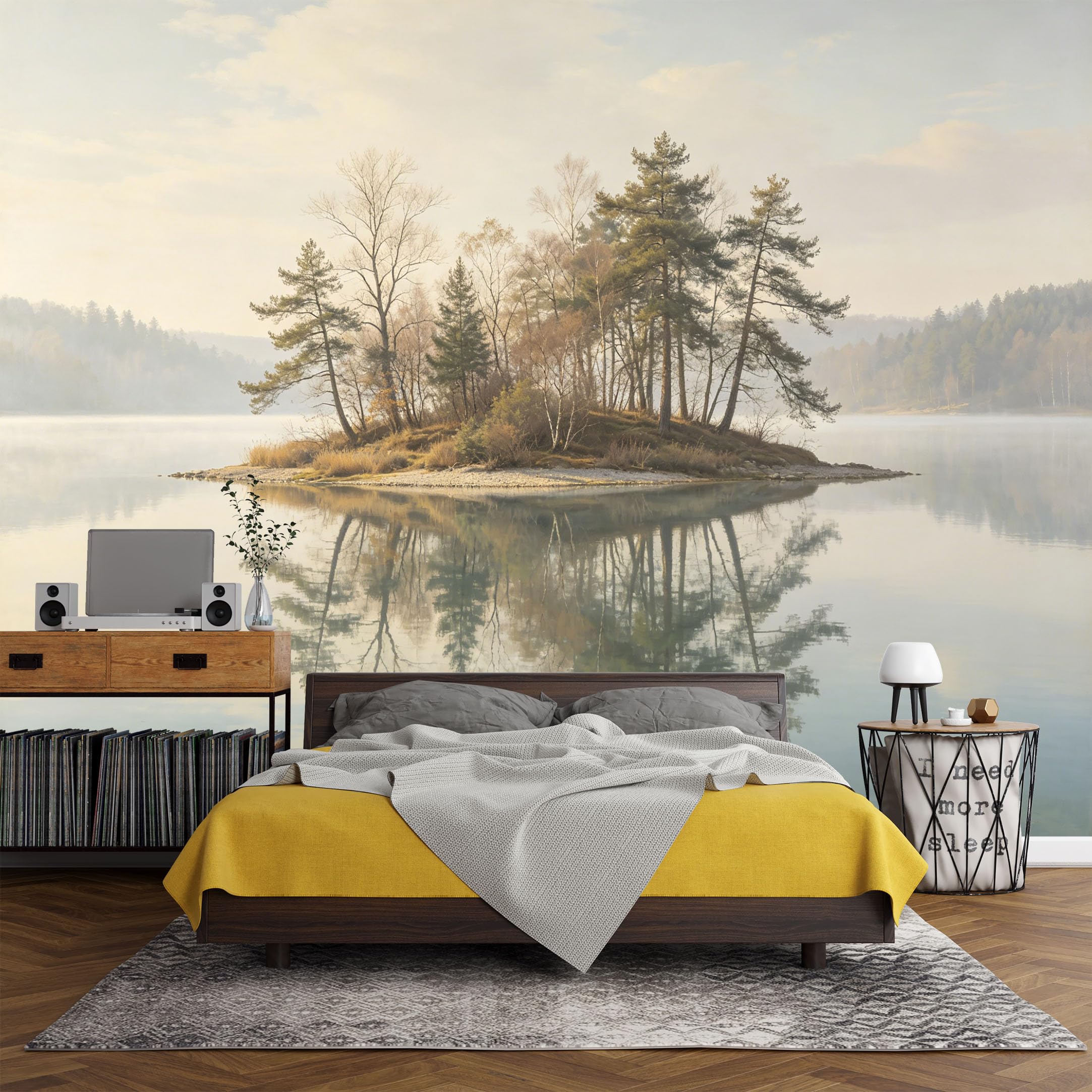 Custom Size Wall Mural， Landscape Lake Island Pine Trees Misty Reflection Nature Scenery， SelfAdhesive Art Prints wall Fabric (No PVC) Removable Wallpaper Living Room Decor