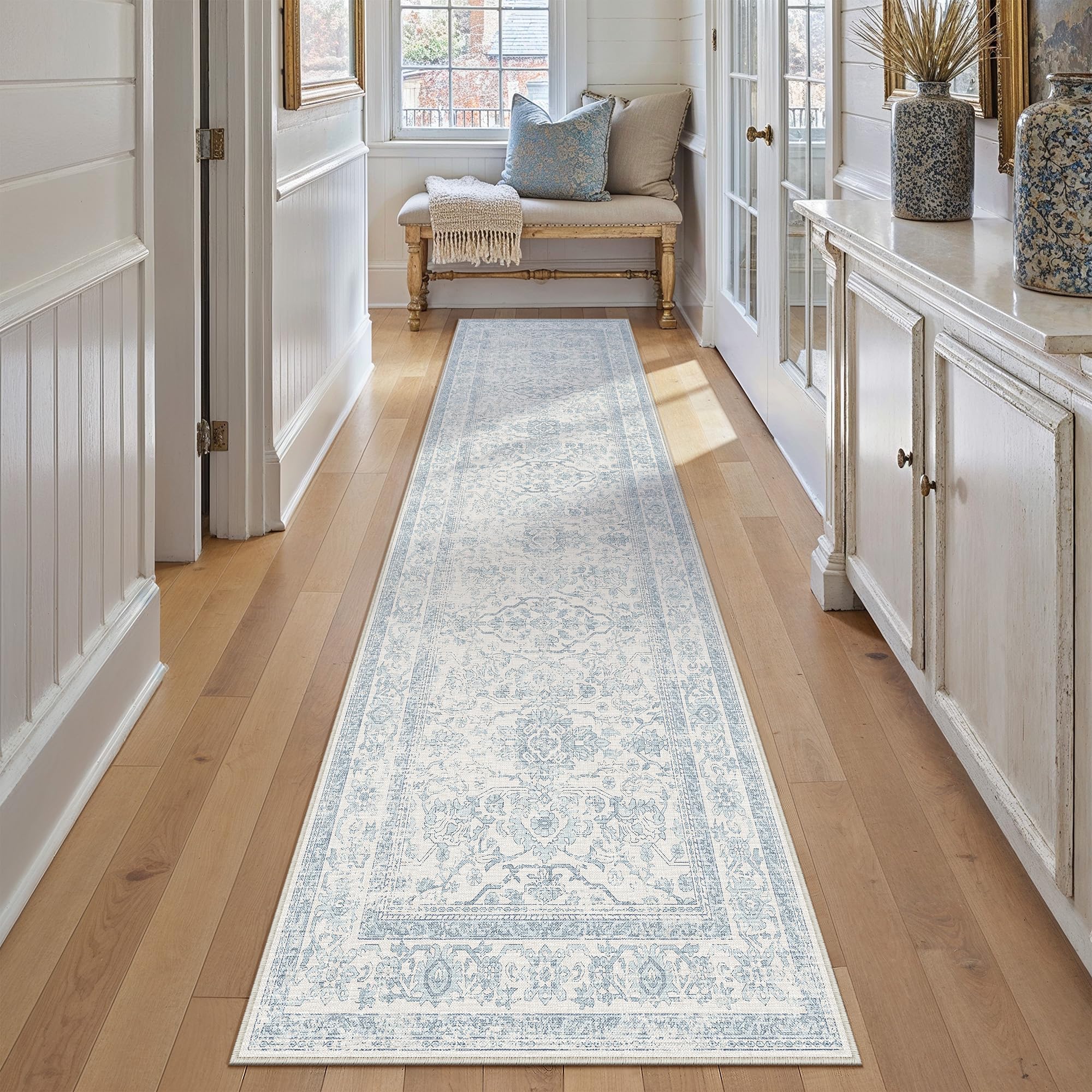 hugear 2x12 runner rug hallway retro light blue machine washable vintage floral low pile carpet vacuumable distressed long throw rug kitchen bedroom laundry bathroom non slip soft lightweight