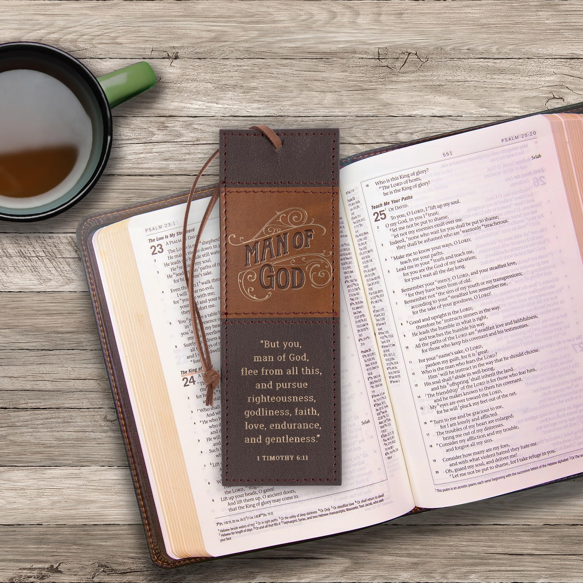 Christian Art Gifts Premium Inspirational Scripture Vegan Leather Bookmark for Men: Man of God Encouraging Bible Verse, Knotted Cord, Gold Text, Sturdy Slim Book Reading Accessory, Light & Dark Brown