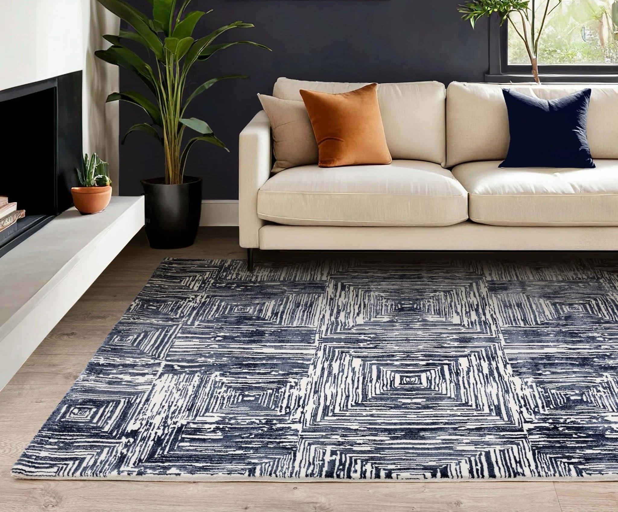 Lord of Rugs Kuza - Alfombra con diseño de rayas abstractas para salón, comedor, dormitorio, no desprende pelusa, color azul marino, tamaño grande 160 x 230 cm