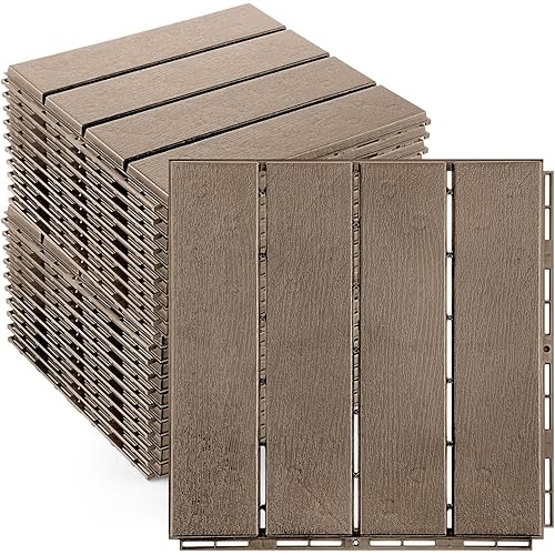 Treela 32 Pcs Plastic Interlocking Deck Tiles 12 x 12 Inch Patio Deck Tiles Waterproof Outdoor Flooring Composite Decking Boards Floor Decking Tiles for Porch Poolside Balcony Backyard (Light Coffee)