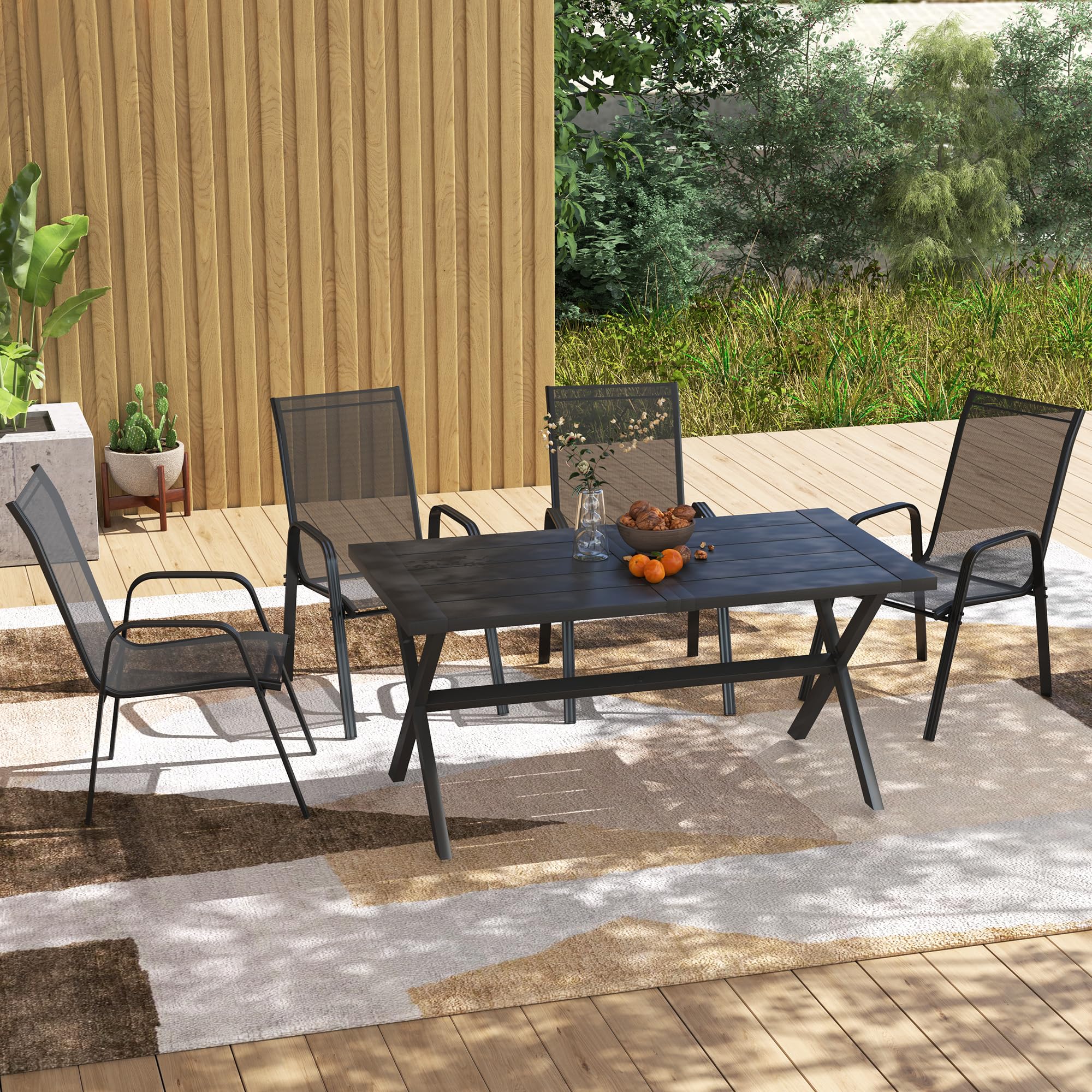 Outsunny Set 4 Sedie da Giardino Impilabili con Braccioli in Metallo e Texteline Impermeabile, 54x75.5x95cm, Nero