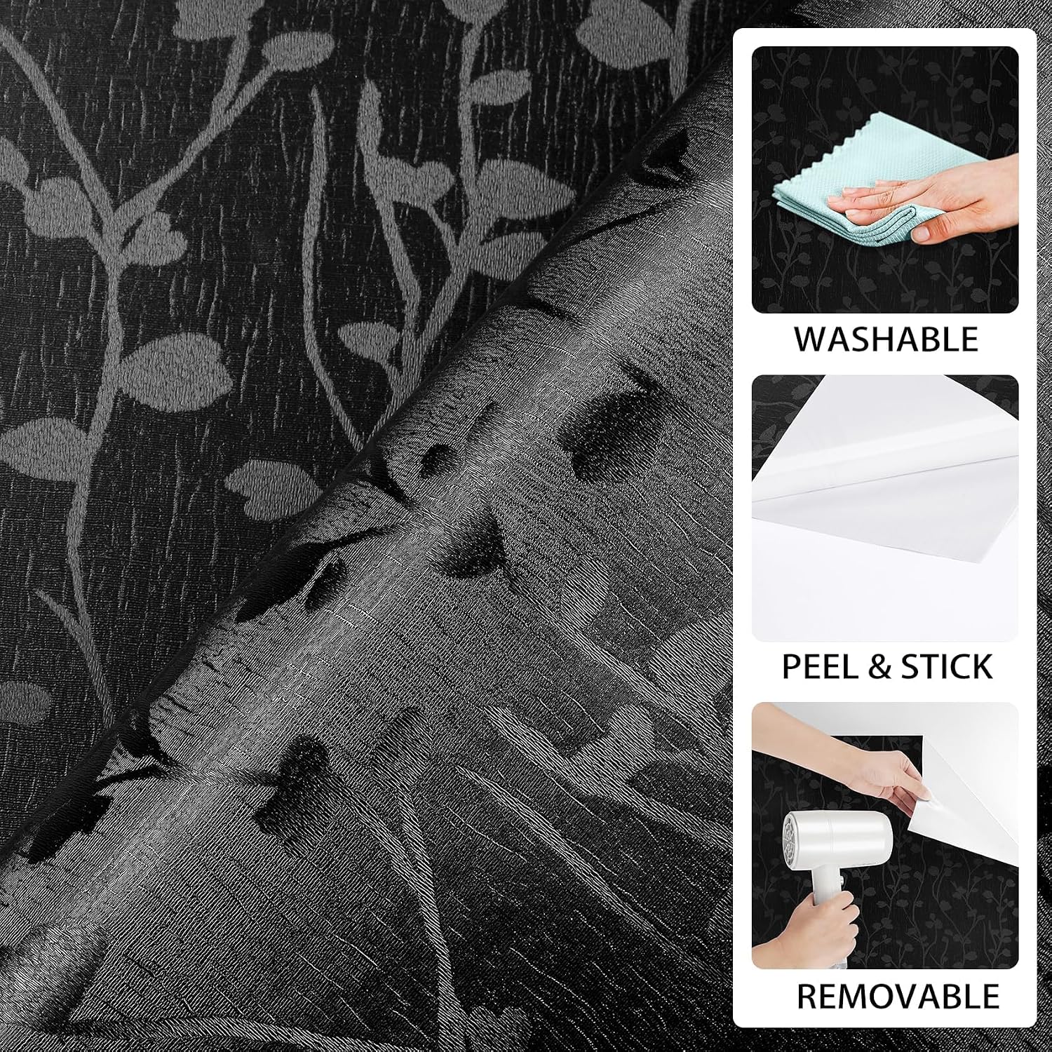 ReWallpaper 17.7in×23ft Black Floral Peel and Stick Wallpaper Vintage Country Floral Vinyl Wrap Self Adhesive Wallpaper for Bathroom Ceiling Waterproof Contact Paper Self Adhesive Kitchen Shelf Liner