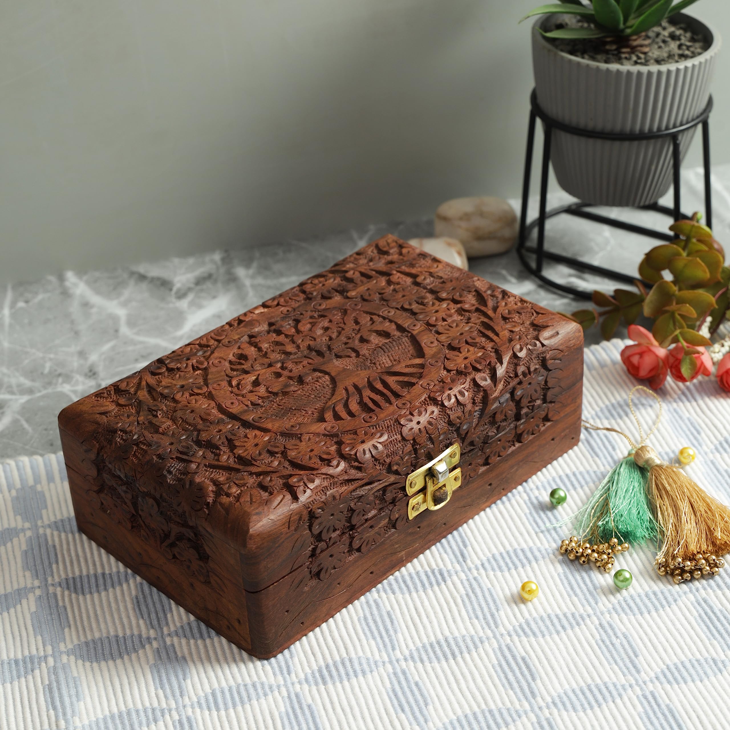 Artisans Of India Exotic Jewelry Storage Box Wood Trinket Keepsake Boxes Treasure Chest Holder Watch Storage Memory Coin Playing Cards Case Organizer Handcarved (with Lock)