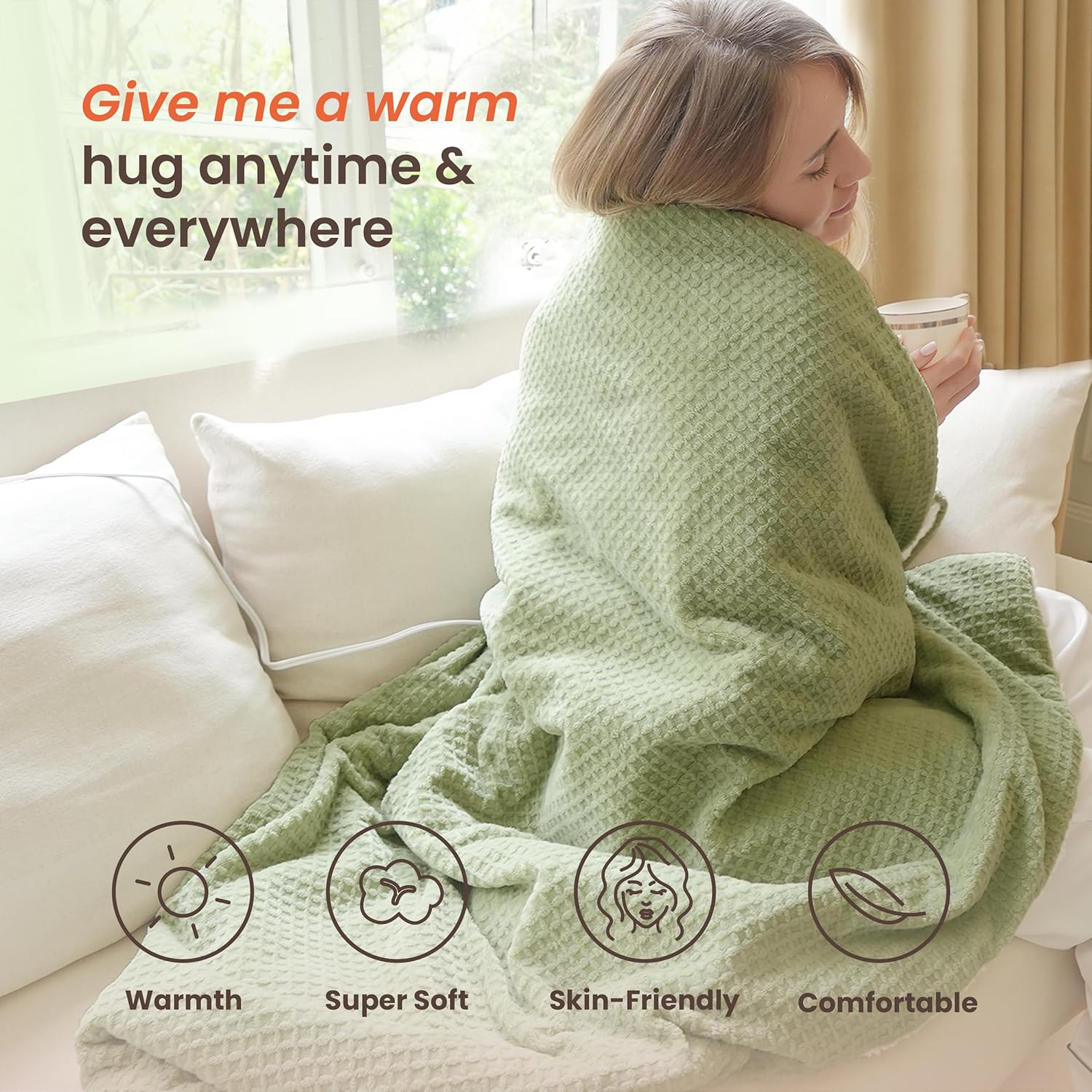 Heated Blanket Electric Throw Waffle, 50x60 Inches Sherpa Fleece Fast Heating Blanket 6 Heating Levels & 4 Hours Auto Off ETL Certification, Sage Throw - Image 3