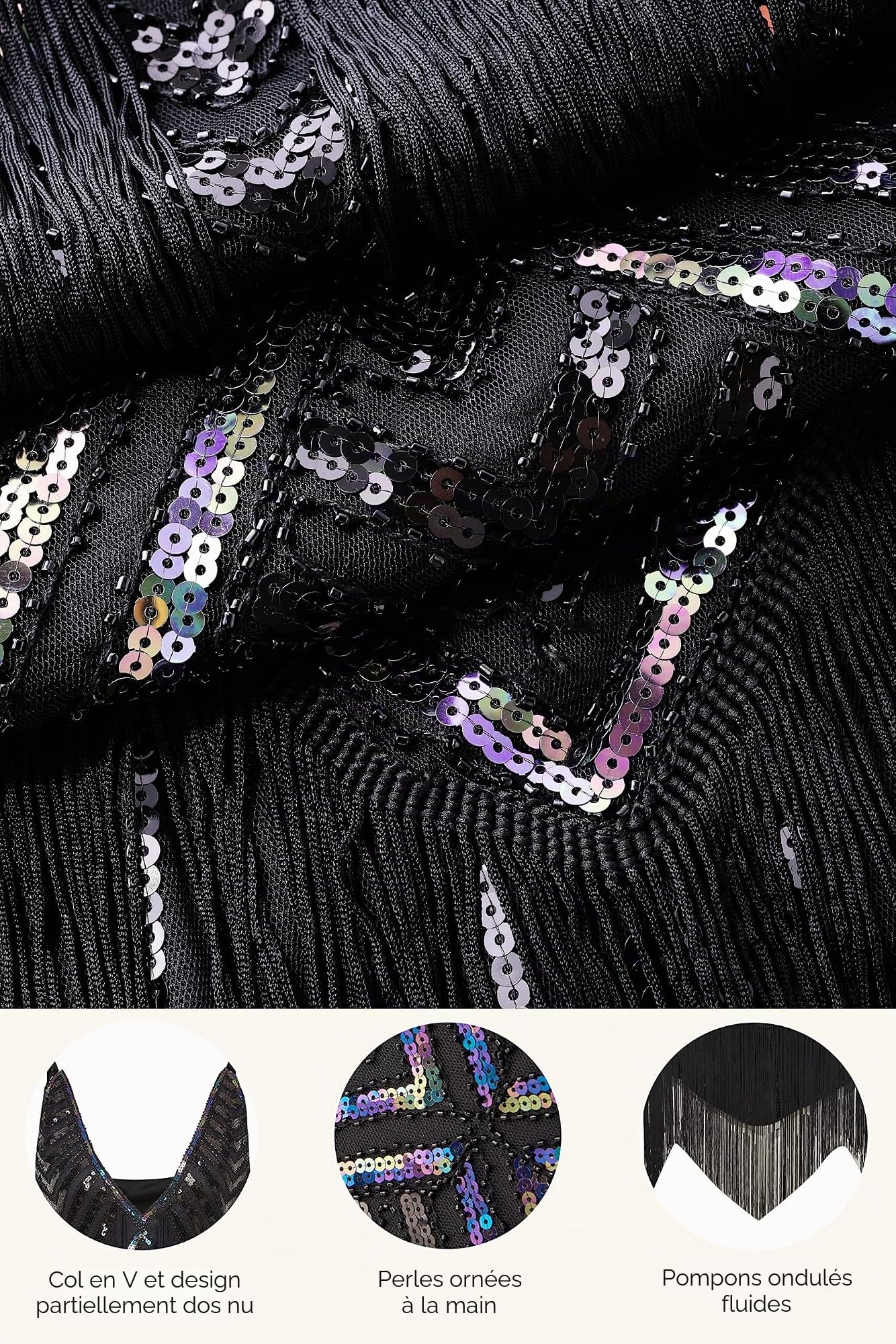 Coucoland 1920s Robe Flapper col V Robe perlée Robe Cocktail Femme rétro 20s Robe soirée Femme pailletée Gatsby Robe de soirée à Franges