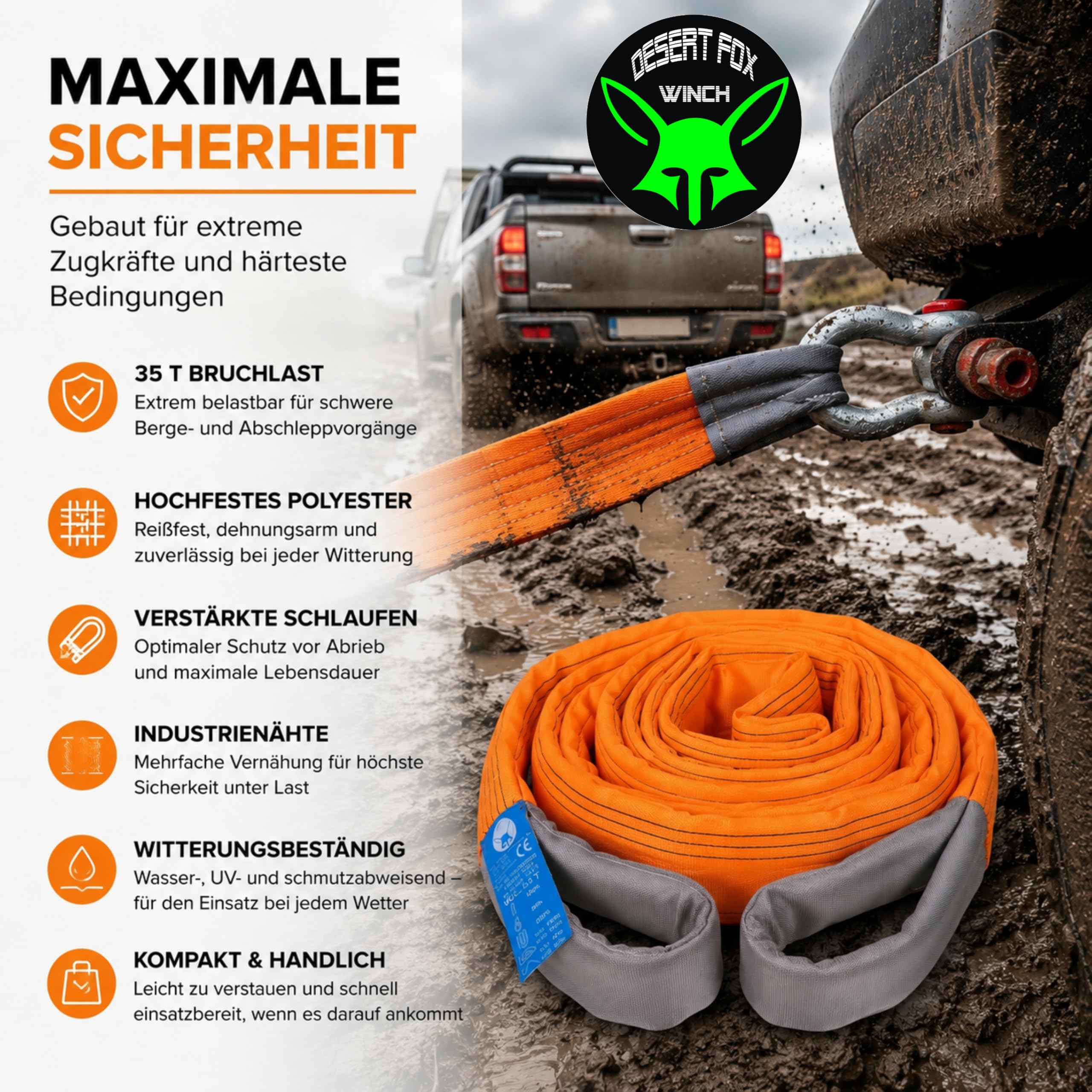 35T Abschleppseil 5m Orange – Profi Bergegurt mit verstärkten Schlaufen | Extrem belastbarer Abschleppgurt für Offroad, SUV, Traktor, LKW & Forst