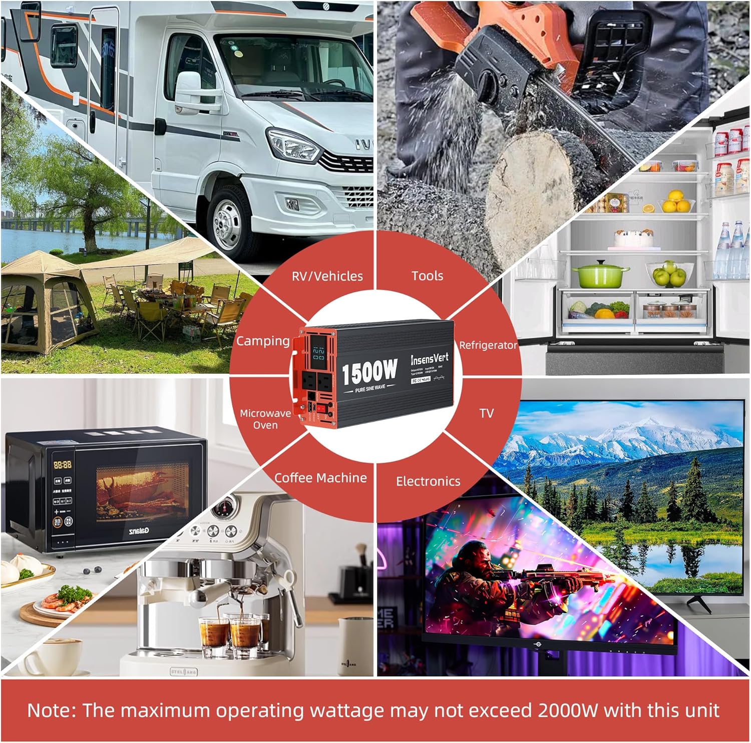 1500 Watt Pure Sine Wave Power Inverter DC 12V to 120V AC, with 2 AC,18W USB, and 30W Type-C Charging Ports, Car Solar Power Inverters with LCD Display for Home RV Truck