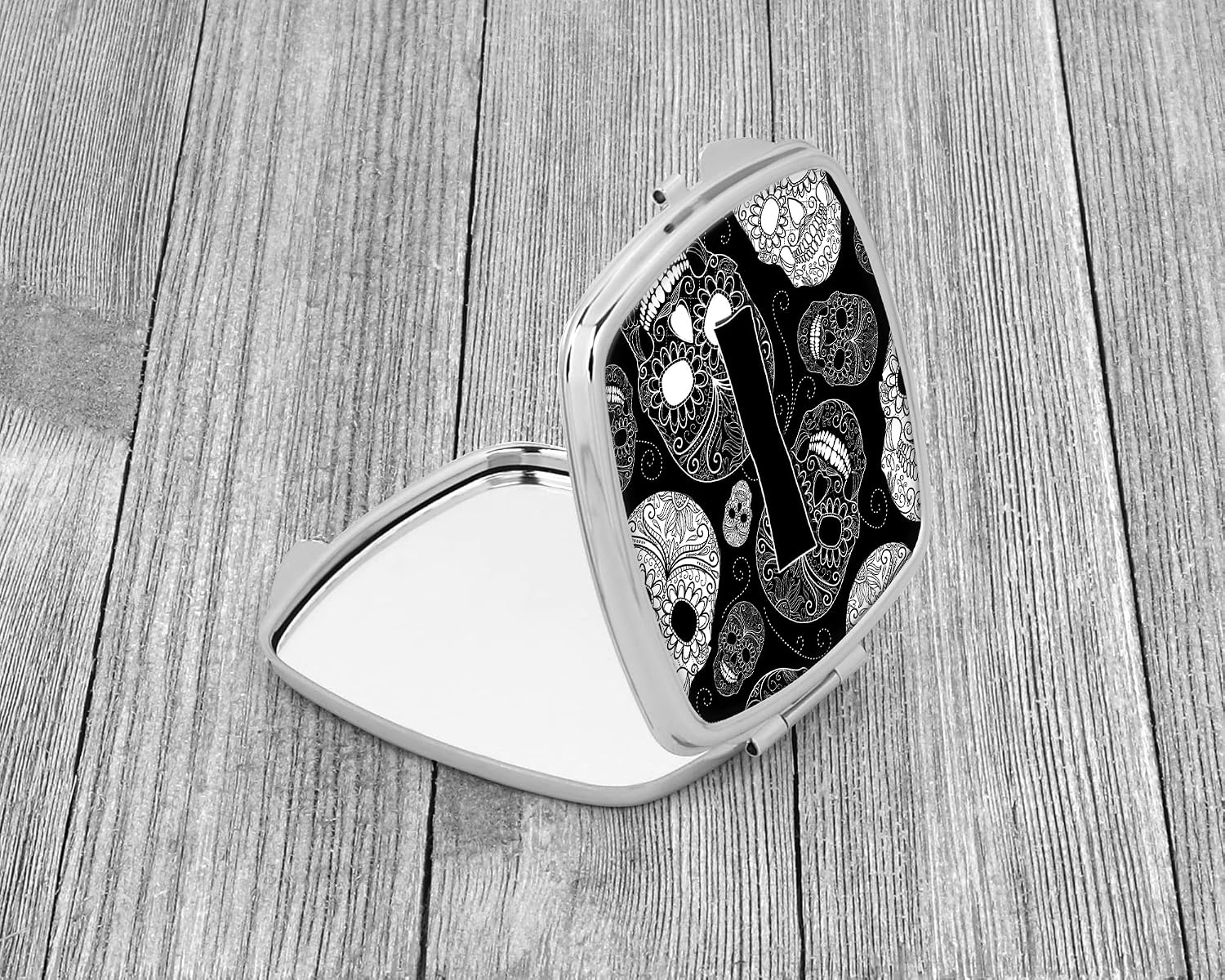 Caroline's Treasures CJ2008-ISCM Letter I Day of the Dead Skulls Black Compact Mirror Decorative Travel Makeup Mirror for Women Girls Gifts Pocket Makeup Mirror Folding Handheld