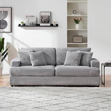 Majnesvon 80" Modern Sofa 3 Seater Couch with Deep Seats, Comfy Corduroy Sofa with Pillow, Loveseat Sofas for Living Room Small Space Apartment Gray