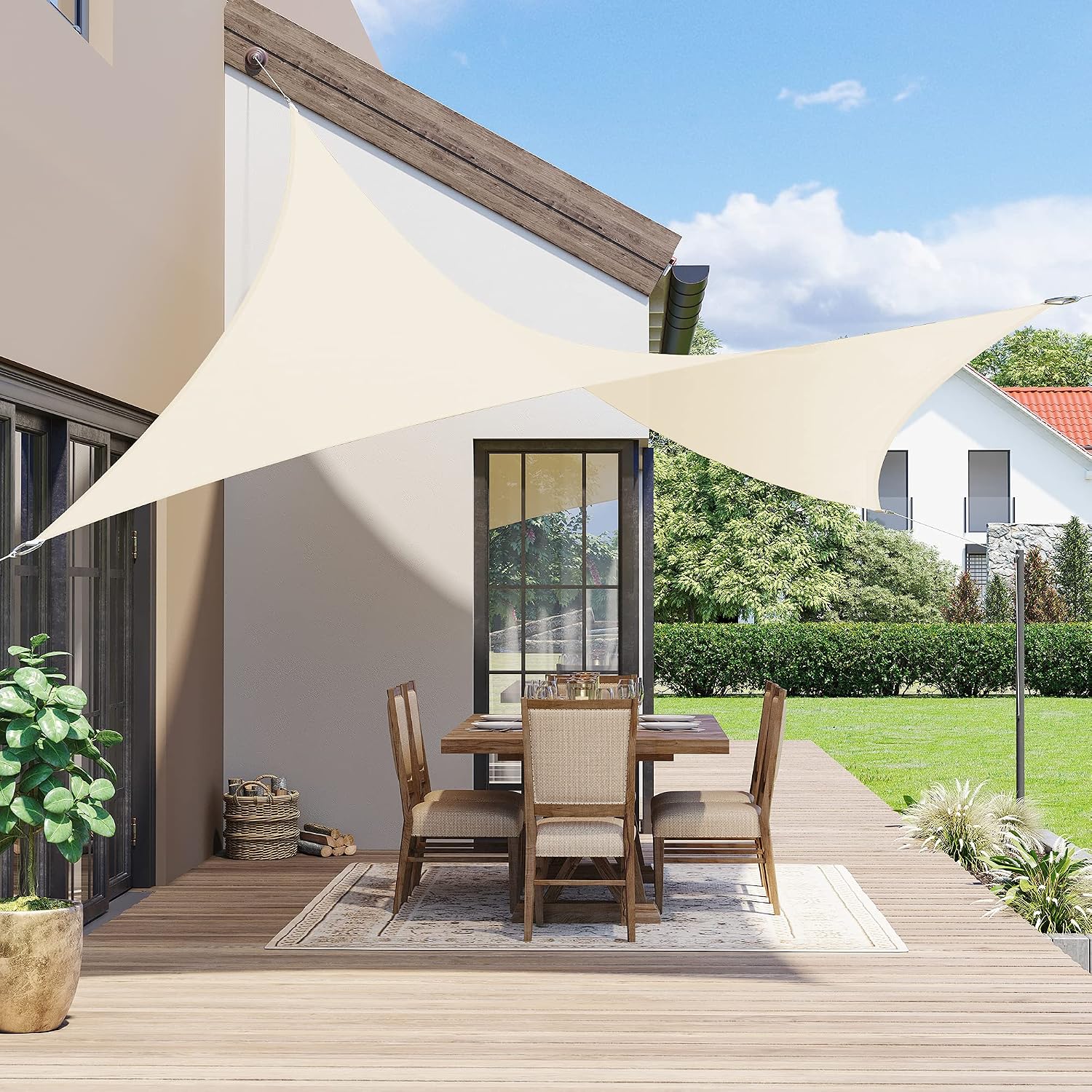 SONGMICS Sun Shade Sail, 12 ft x 8 ft (L x W) Rectangle Sun Shade, UV Block Sail Canopy Awning, for Patio, Backyard, Garden, Deck, Outdoor Activities, Beige UGSS001M01