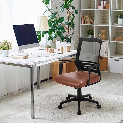 Miniatura 2 de Yaheetech Mid Back Mesh Office Chair with Leather Seat Executive Office Computer Task Chair with Armrests and Lumbar Support, Brown Marrón,Negro -