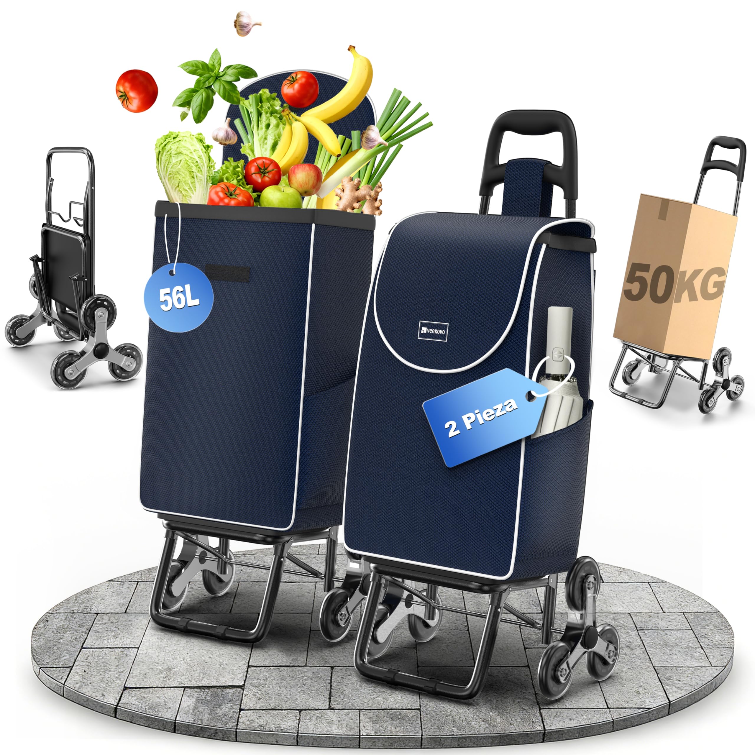 Carrito de Compras para comestibles,Carrito de comestibles Plegable Ligero con Capacidad de 56L,con 6 Ruedas para Subir Escaleras,Bolsa Oxford Desmontable (Azul, 2 Pieza)