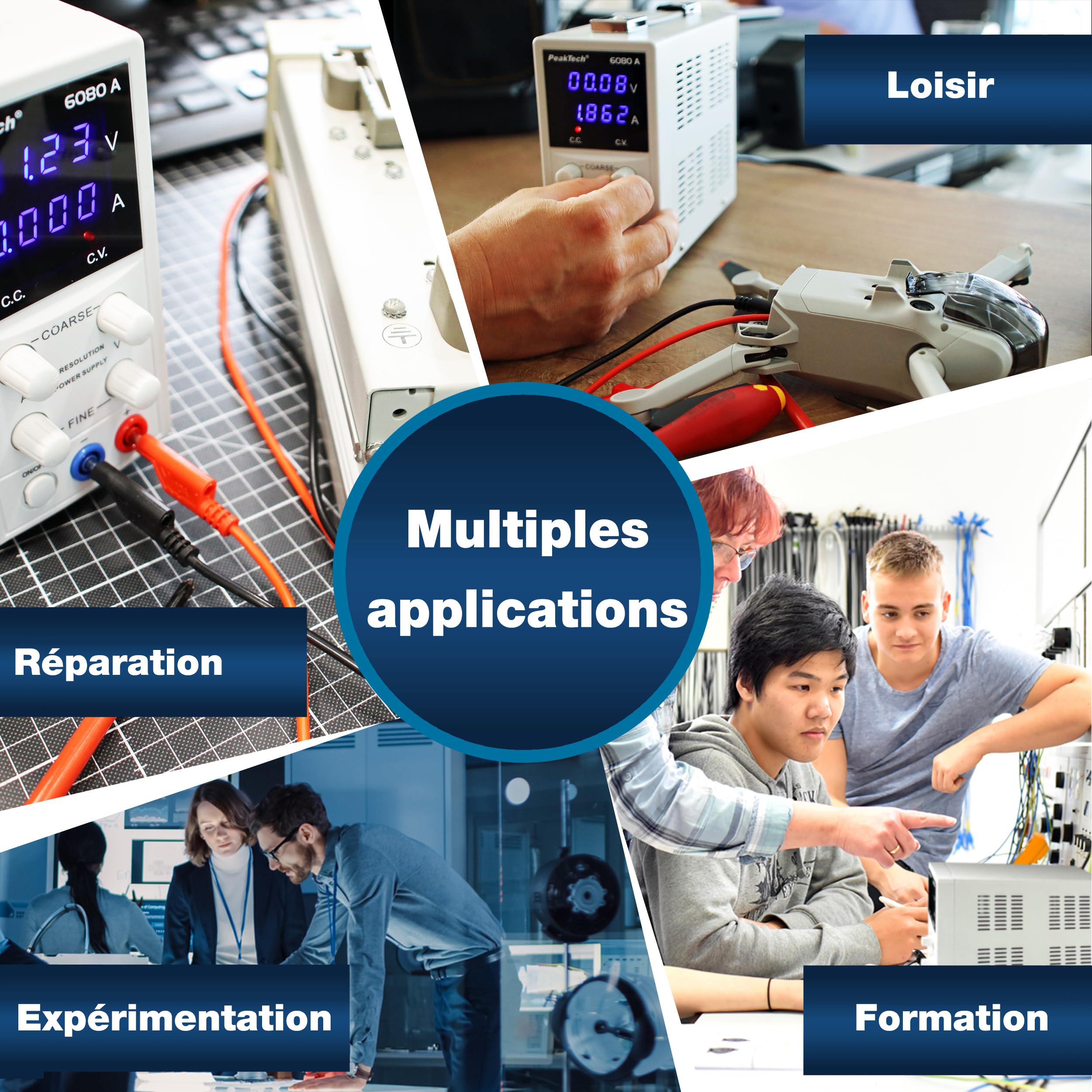PeakTech 6080 A – Alimentation de laboratoire 0 – 15V / 0 – 3A DC – Alimentation professionnelle haute résolution à régulation linéaire avec affichage LED bleu et protection contre les surtensions