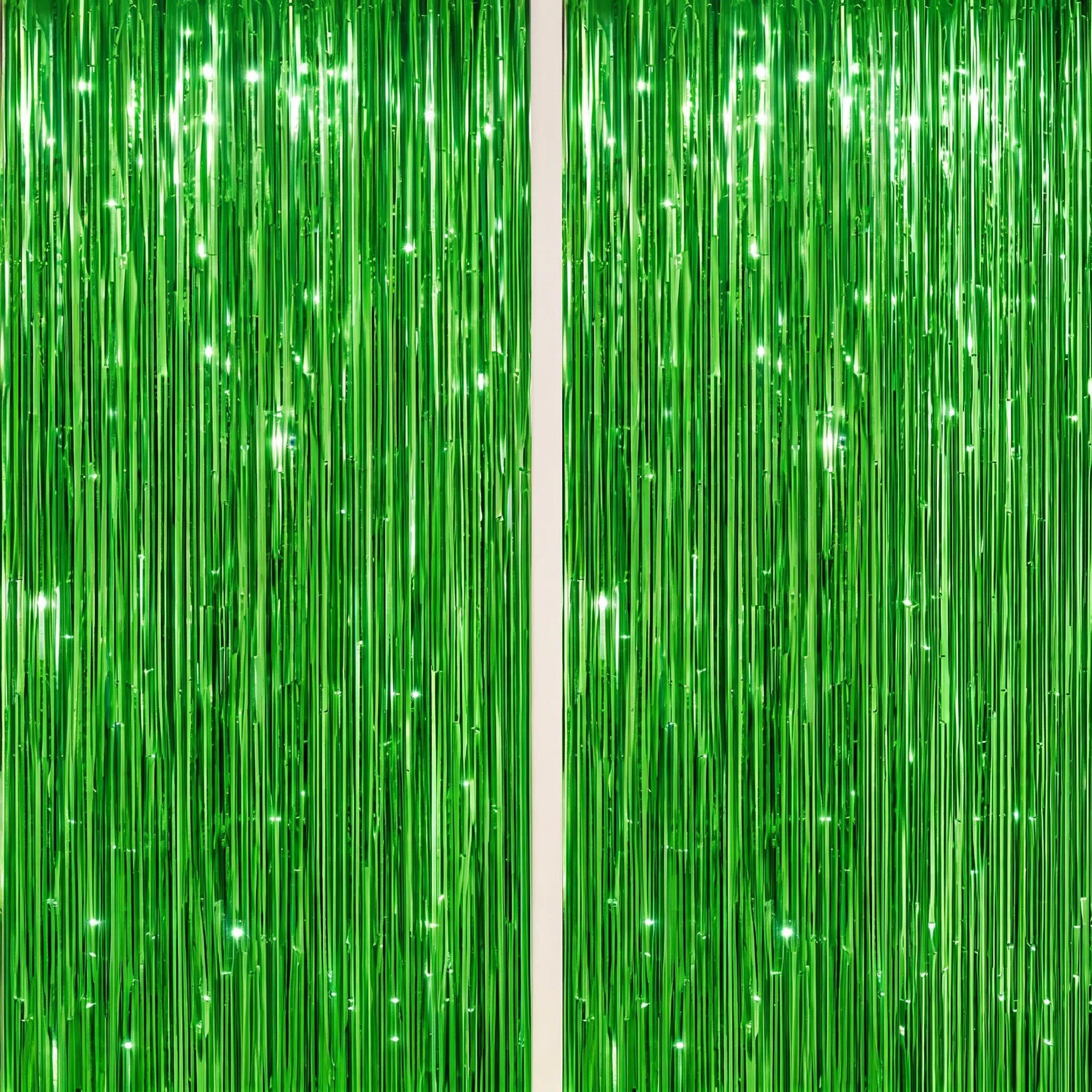 DECOCKRAT 2 Pack Foil Fringe Backdrop - Green Shiny Tinsel Curtains for Party Decoration/Photo Booth Props - 3.3x6.6 FT Metallic Foil Backdrop for Birthday, Wedding, Graduation, Christmas.