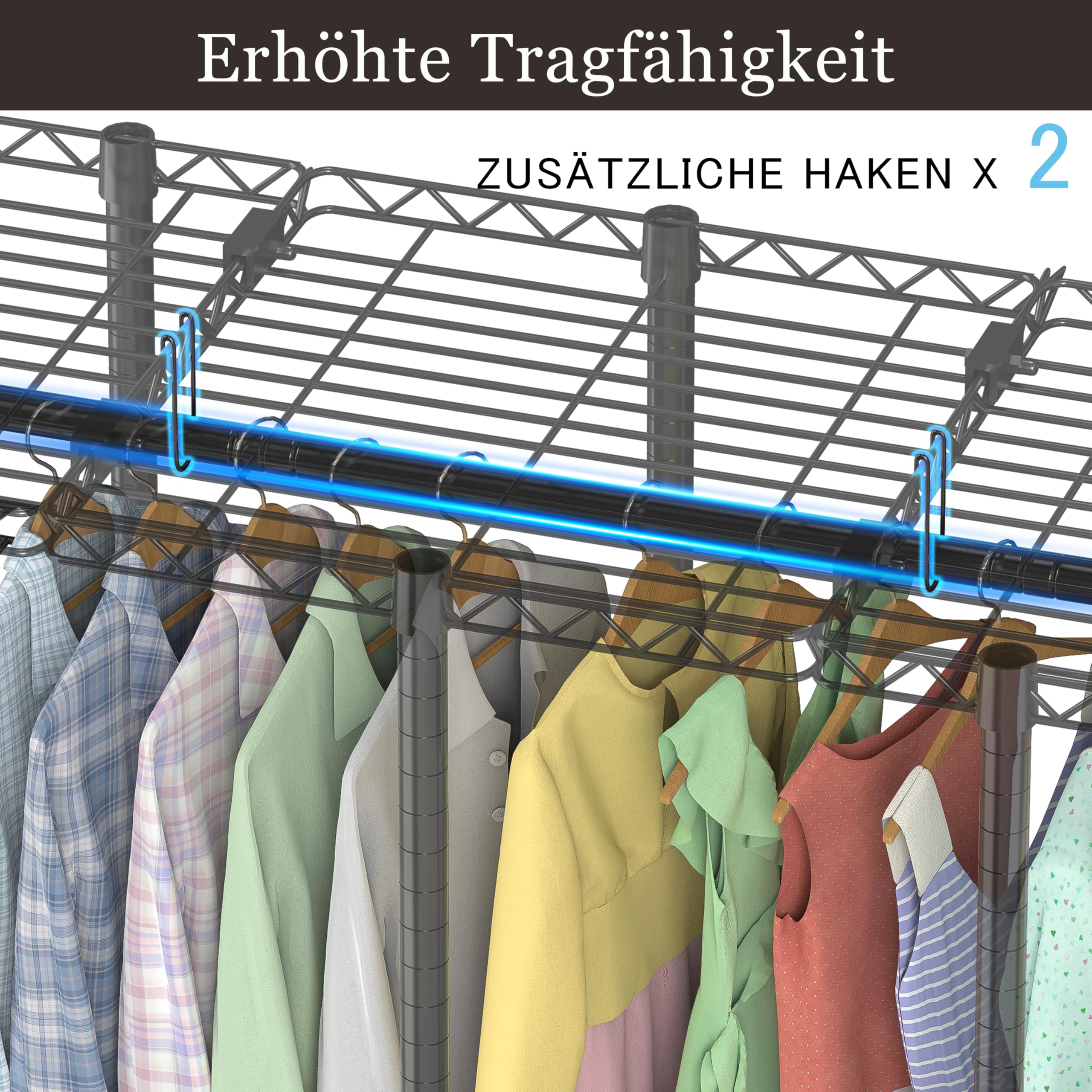 AQRA Offener Kleiderschrank System,Kleiderständer mit 9 Höhenverstellbarem Regalböden und 5 Kleiderstange, Hosenständer, 4 Schichten mit Großem Fassungsvermögen, Schwarz 193.5CM×43.5CM ×195CM