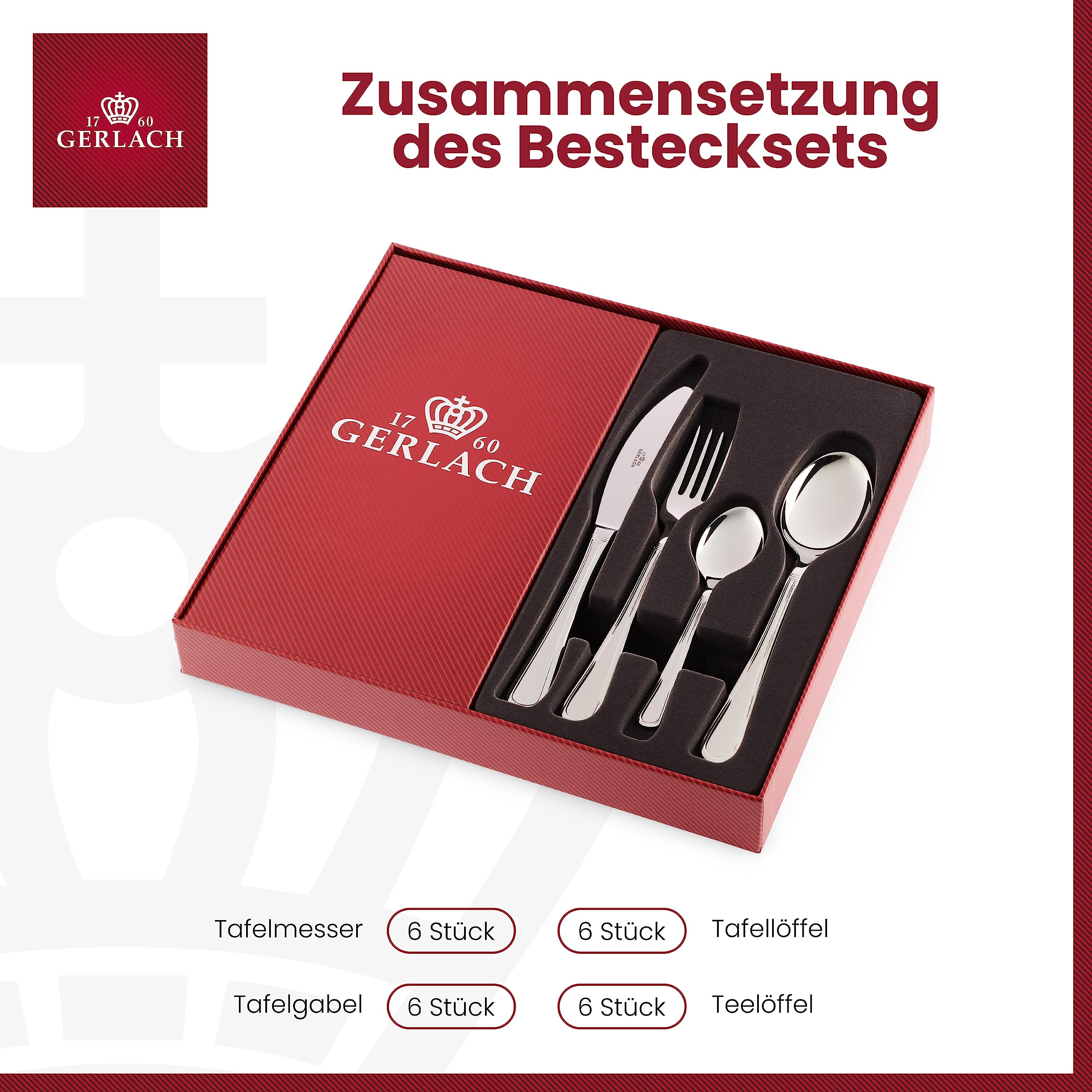 Gerlach 1760 Antica Besteck-Set 6 Personen Spülmaschinenfest Essbesteck Edelstahl Elegantes Besteck Messer Gabel Löffel Teelöffel Tafelbesteck Rostfrei 24 Stk