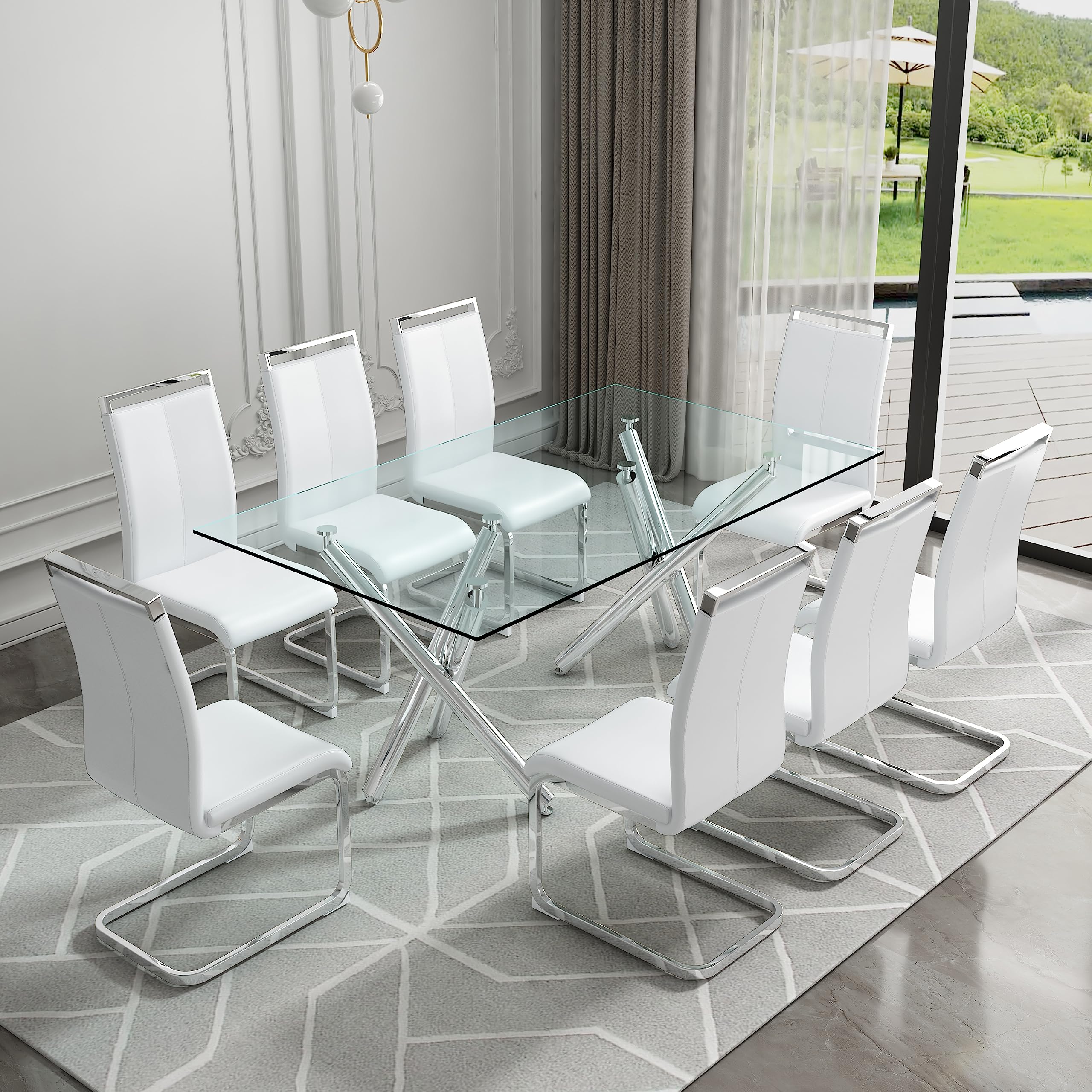 Pvillez63" Glass Dining Table for 6 Person, Rectangle Tempered Glass Top Dining Table,Modern Glass Dining Room Table with Double X-Shape Silver Pedestal Base Long Dinner Table for Dining Room Kitchen