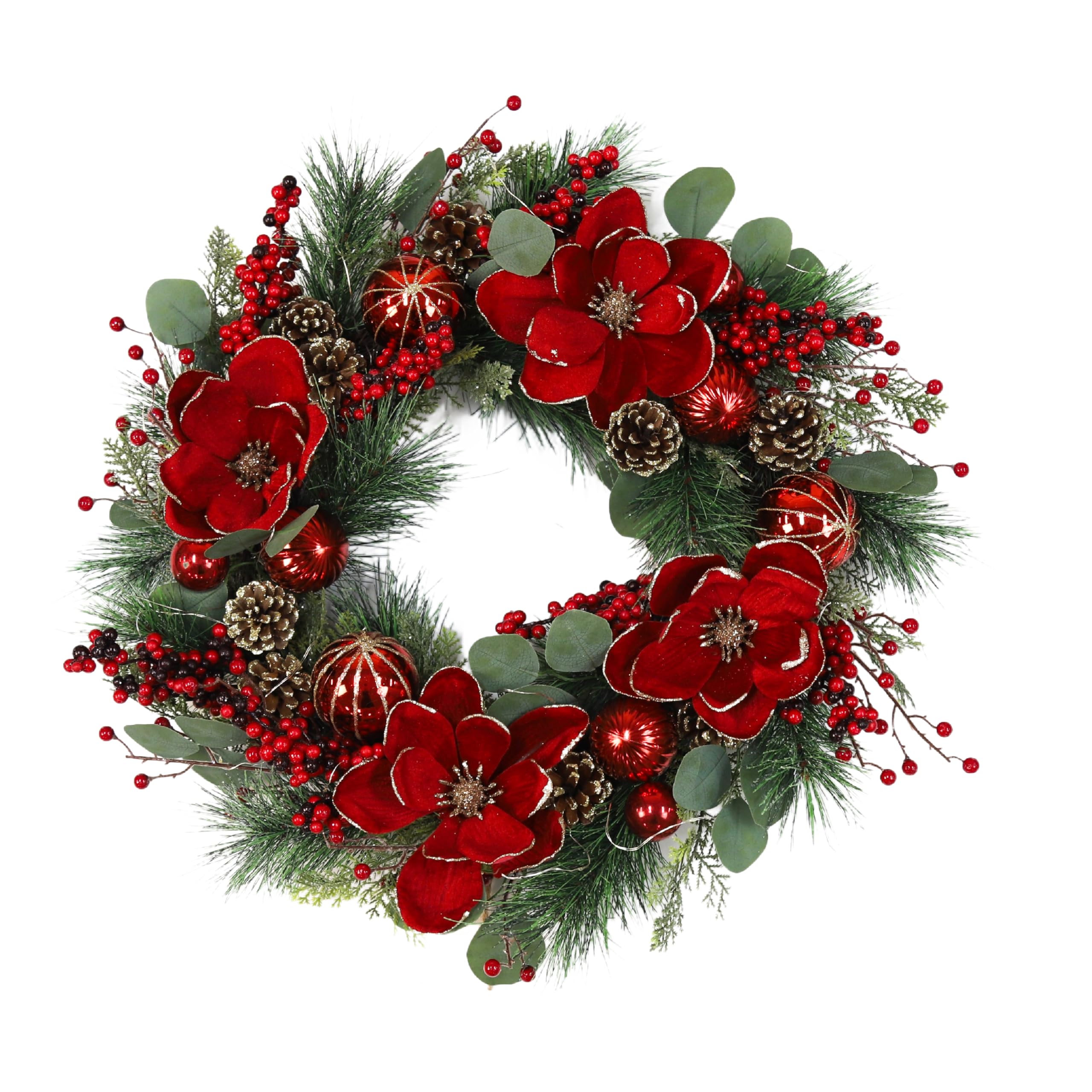 Christmas Wreath Front Door Wreath Decorated with Berries, Pine Cones and Poinsettias for Indoor & Outdoor (No Lights Included)