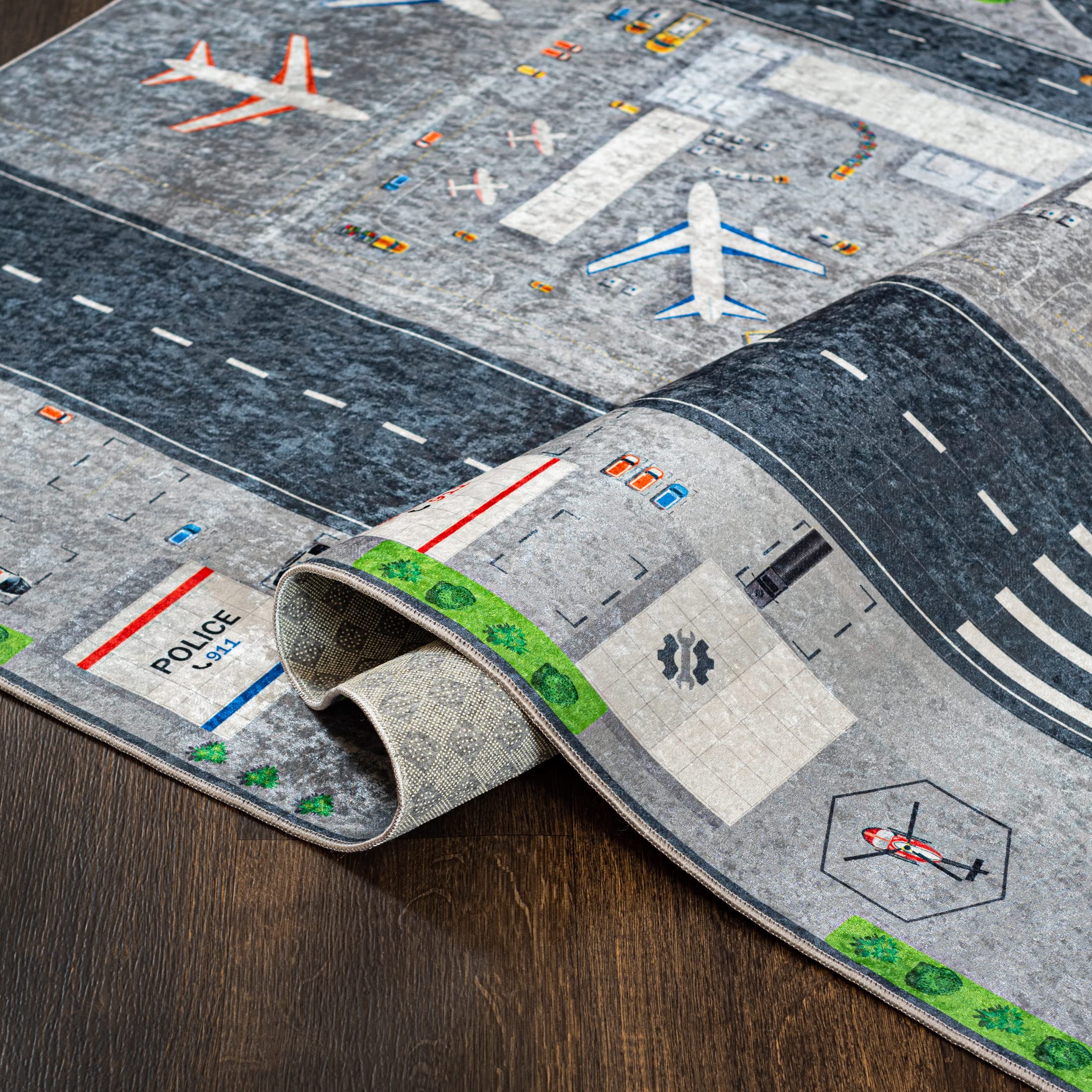 Mazovia Kinderzimmerteppich Antirutsch - Waschbar bis 30 Grad - Spielteppich Flugzeuge Flughafen - Kurzflor Kinderteppich für Kinderzimmer - ÖKO-TEX Zertifiziert - Grau 120 x 170 cm
