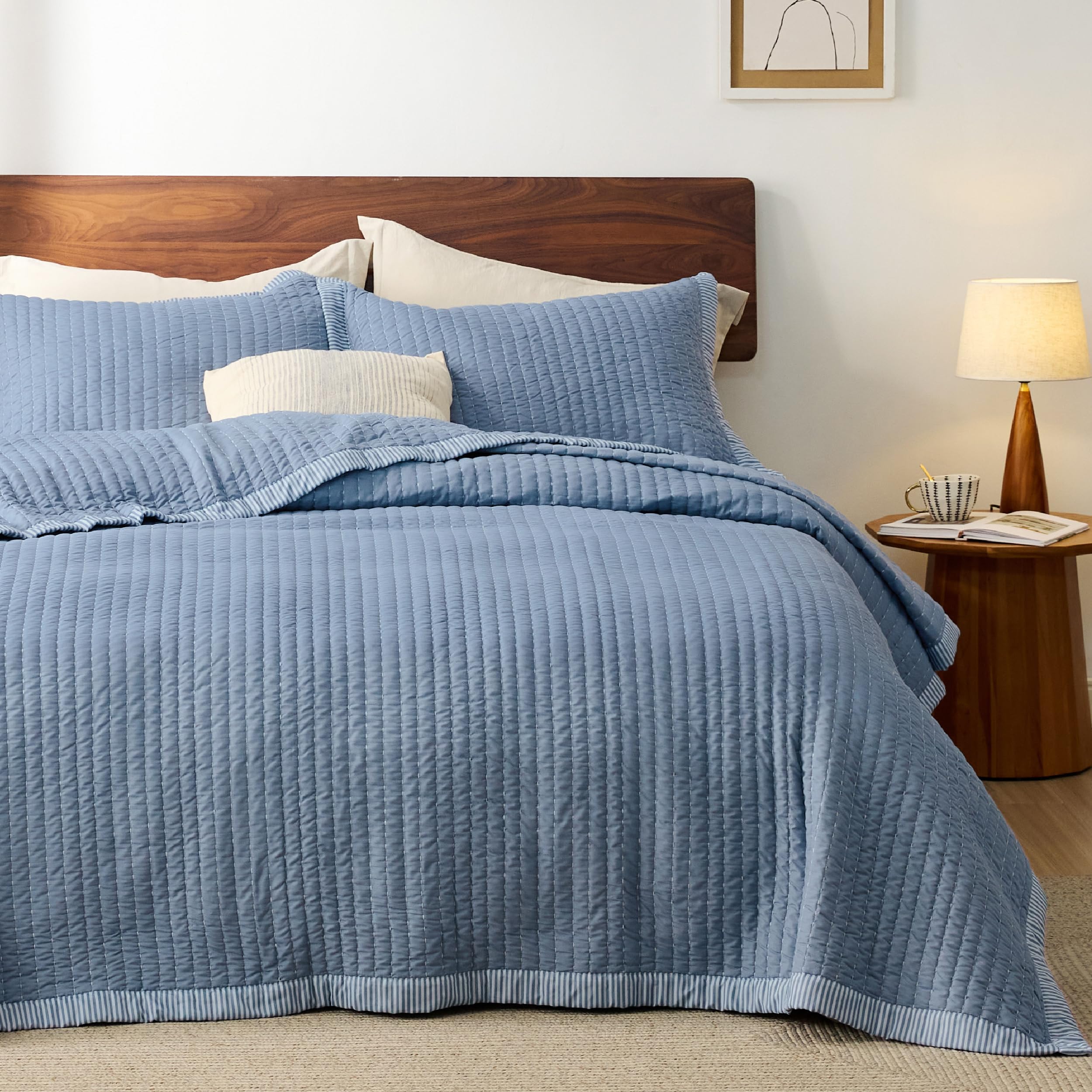 Wonderful Denim Blue Waffle Quilt Set with Pillow Shams Full/Queen Size, 3 Pieces