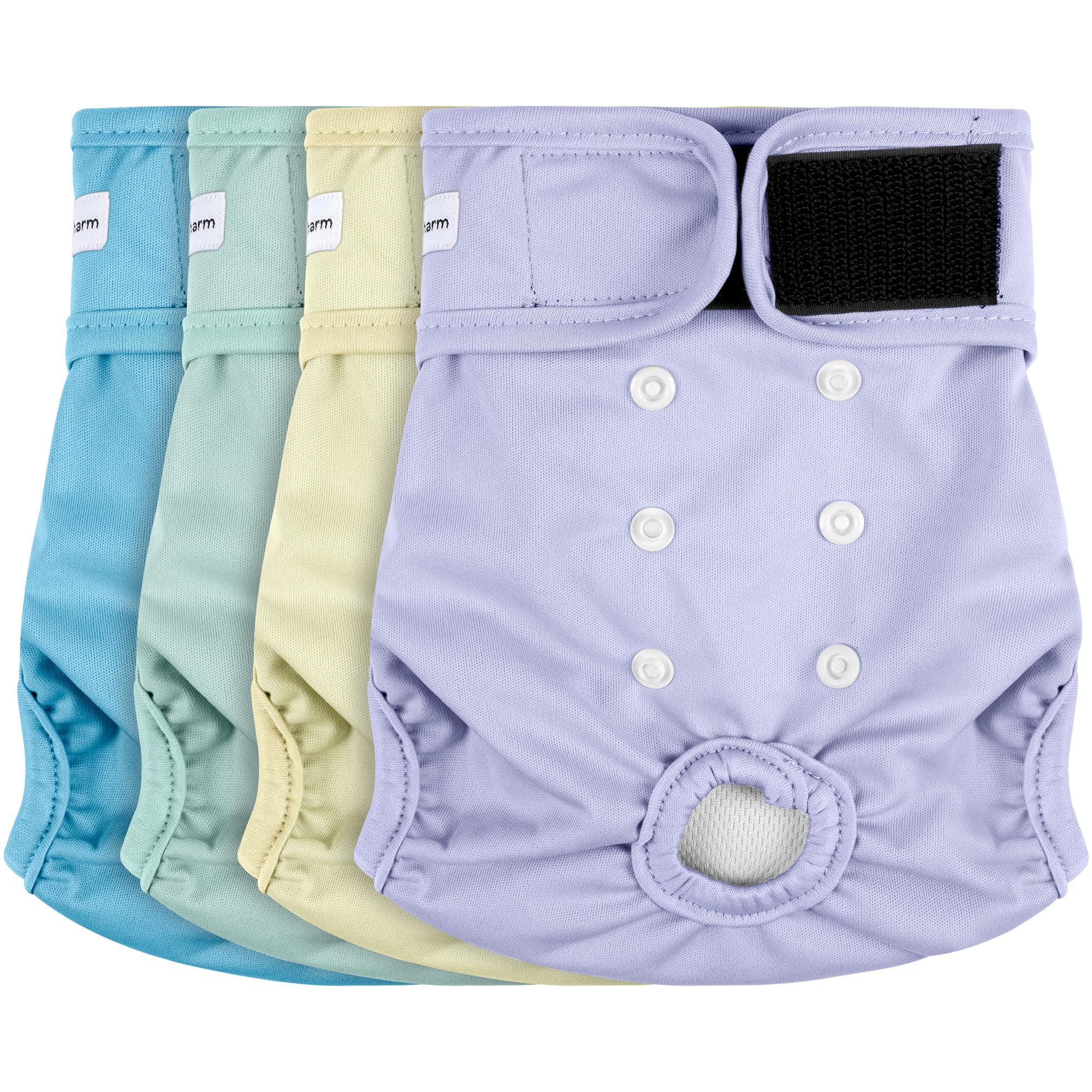 Paquete de 4 pañales reutilizables para perras, altamente absorbentes, pañales para perras, pañales para perros grandes, amarillo y morado